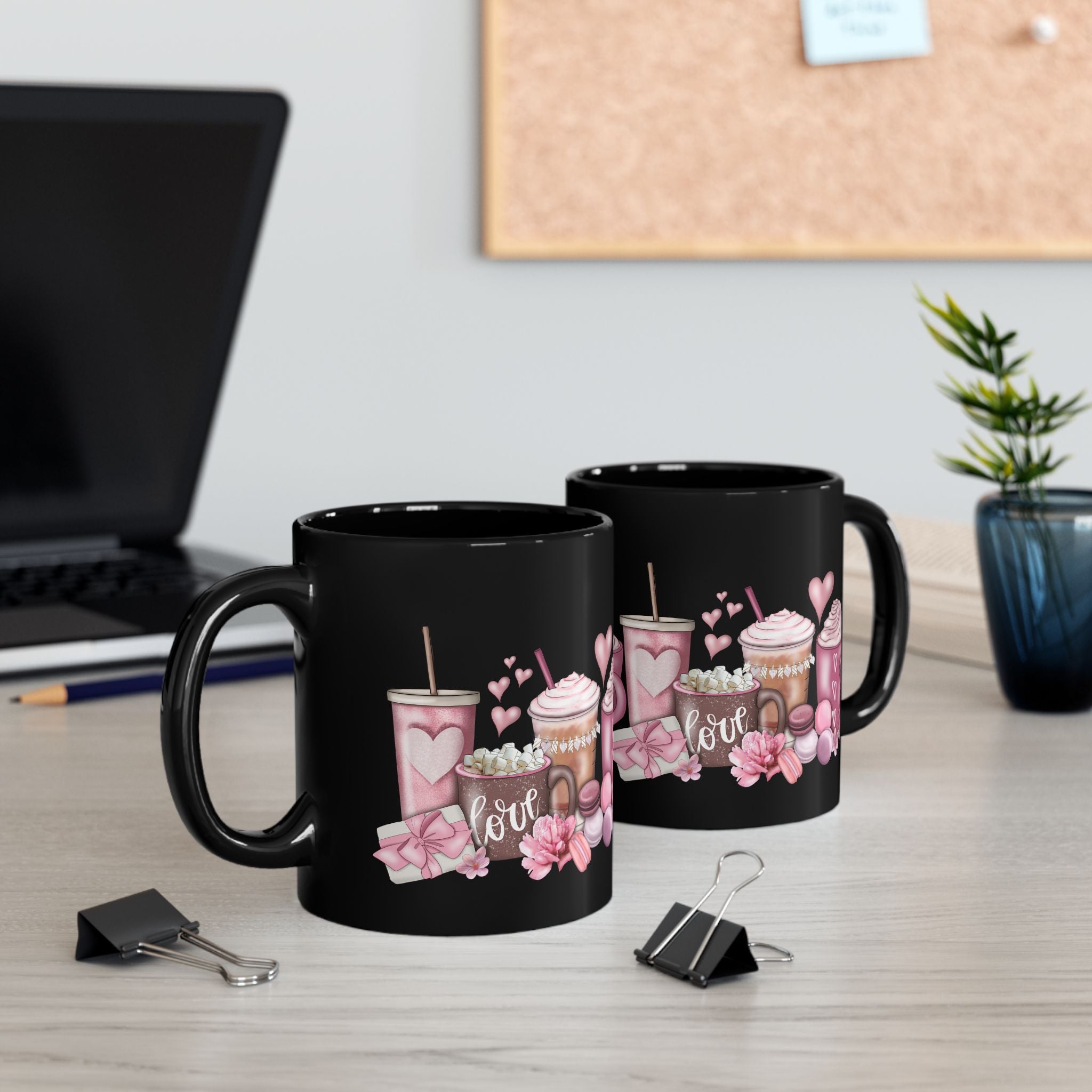 Valentine’s Coffee Love Black Mug — Pink Hot Chocolate & Cocoa Design (11oz/15oz)