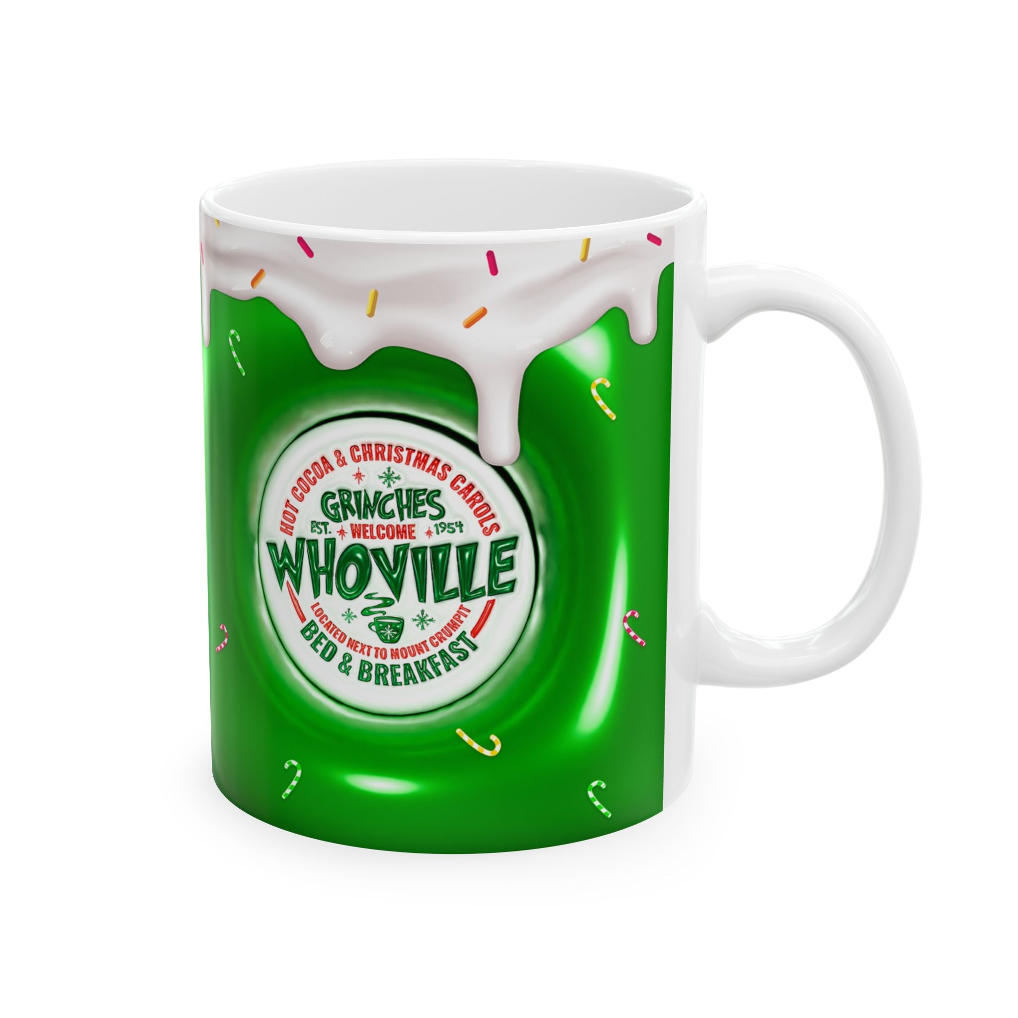 Whoville Christmas Dripping Frosting Mug | Holiday Green Candy Cane Ceramic Mug
