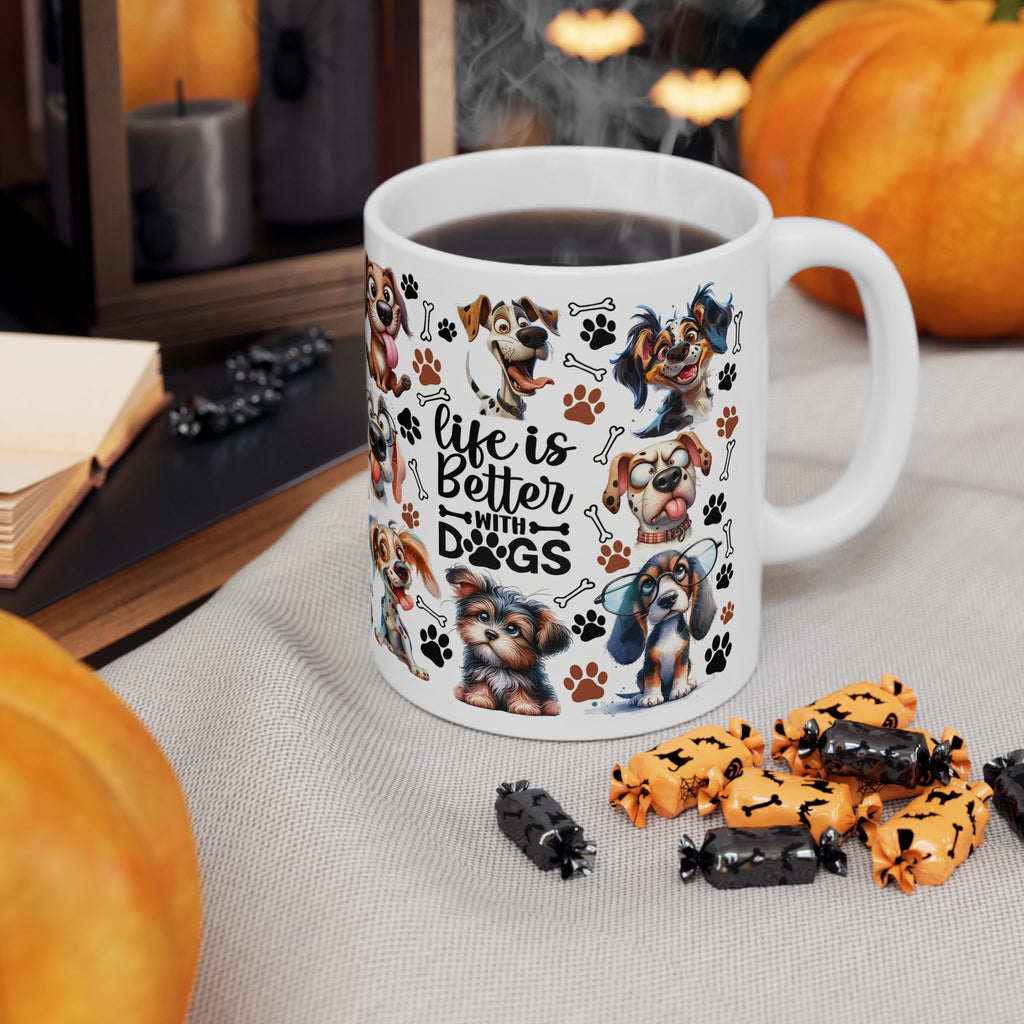 Cute Cartoon Puppies Ceramic Mug | Dog Paws Bones Pattern