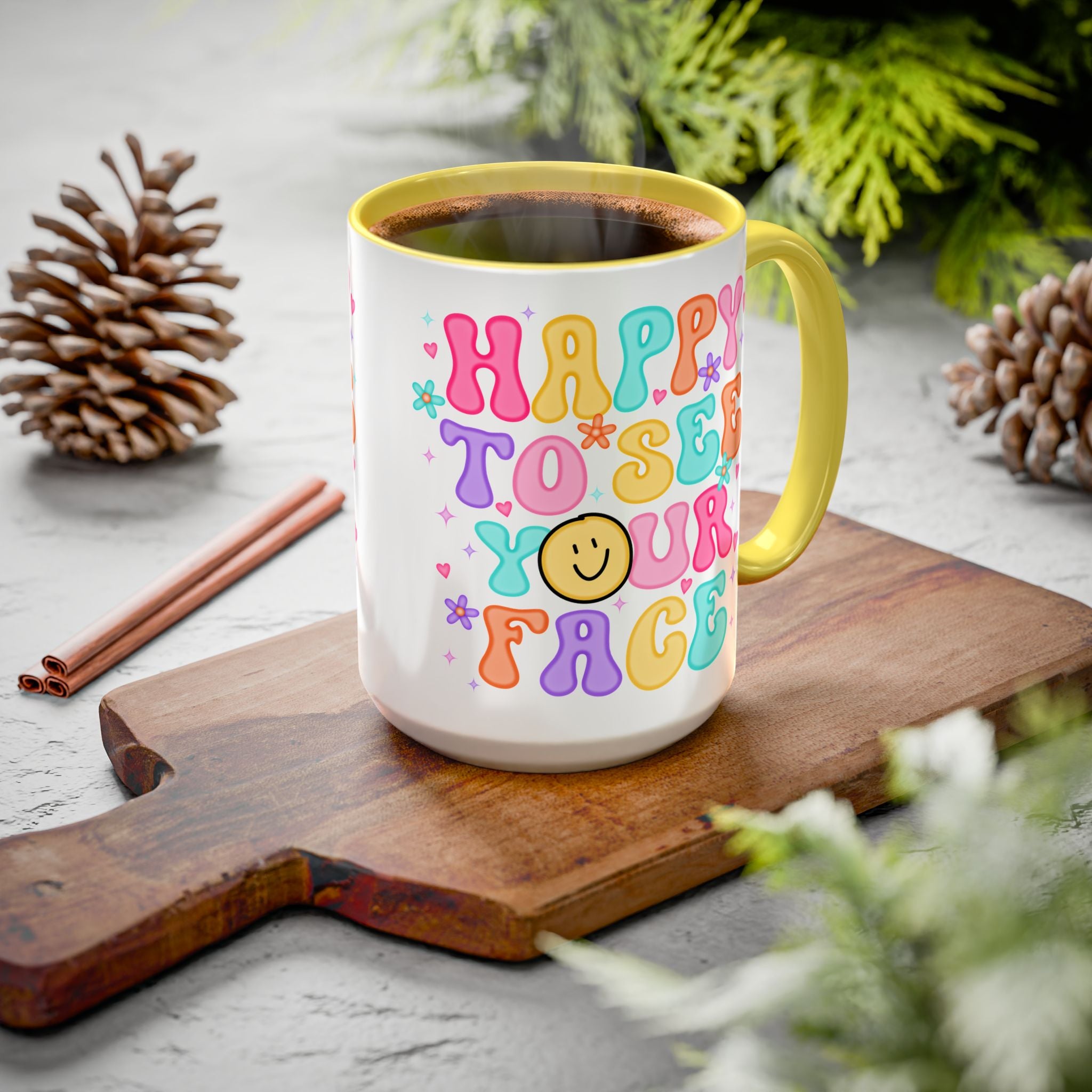 Happy To See Your Face Colorful Coffee Mug — Retro Smiley 11oz/15oz