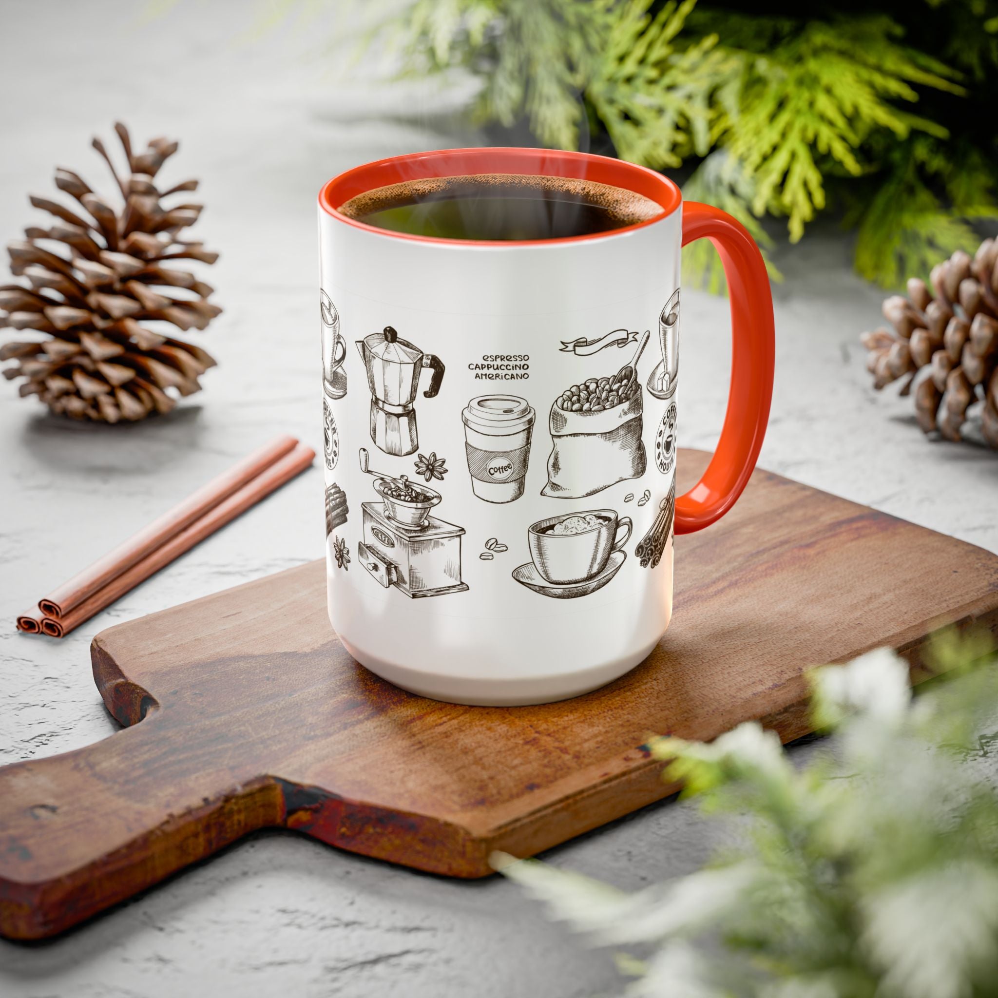 Coffee Pattern Mug — Illustrated Coffee Beans & Brewing Tools (11oz/15oz)
