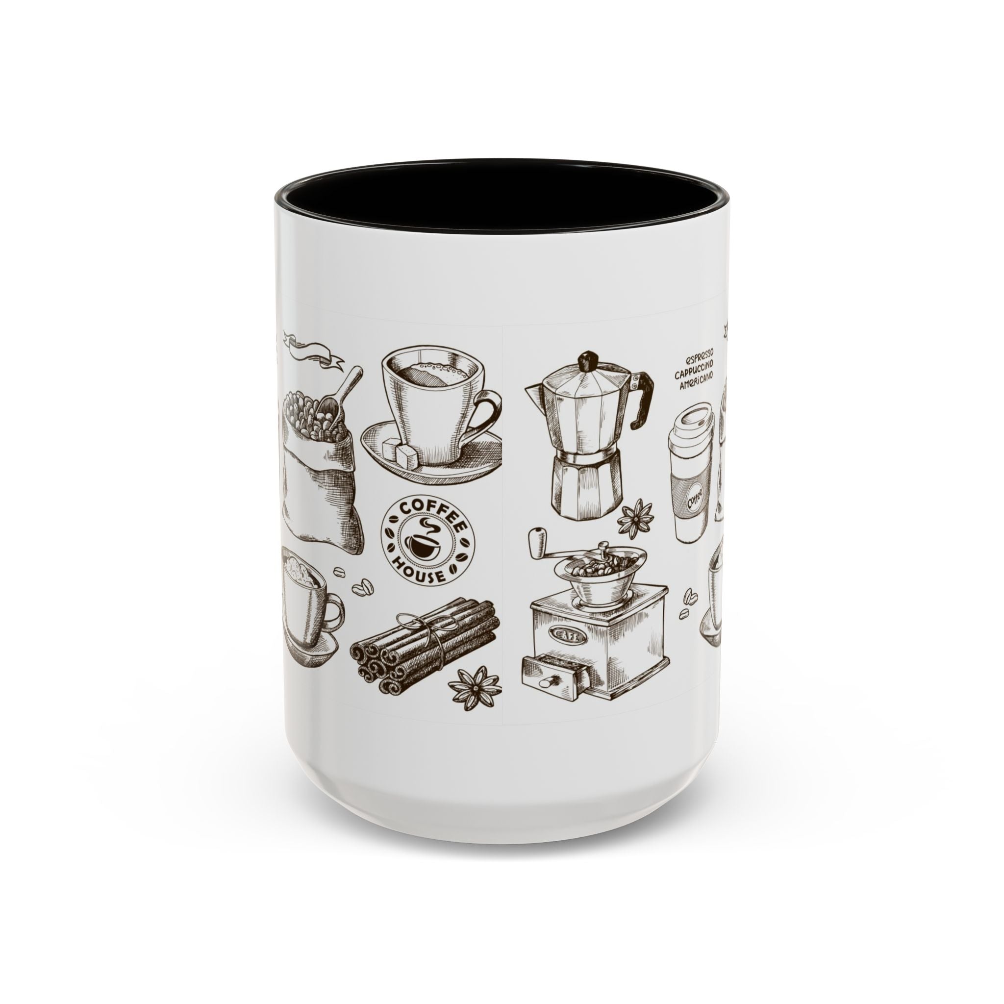 Coffee Pattern Mug — Illustrated Coffee Beans & Brewing Tools (11oz/15oz)