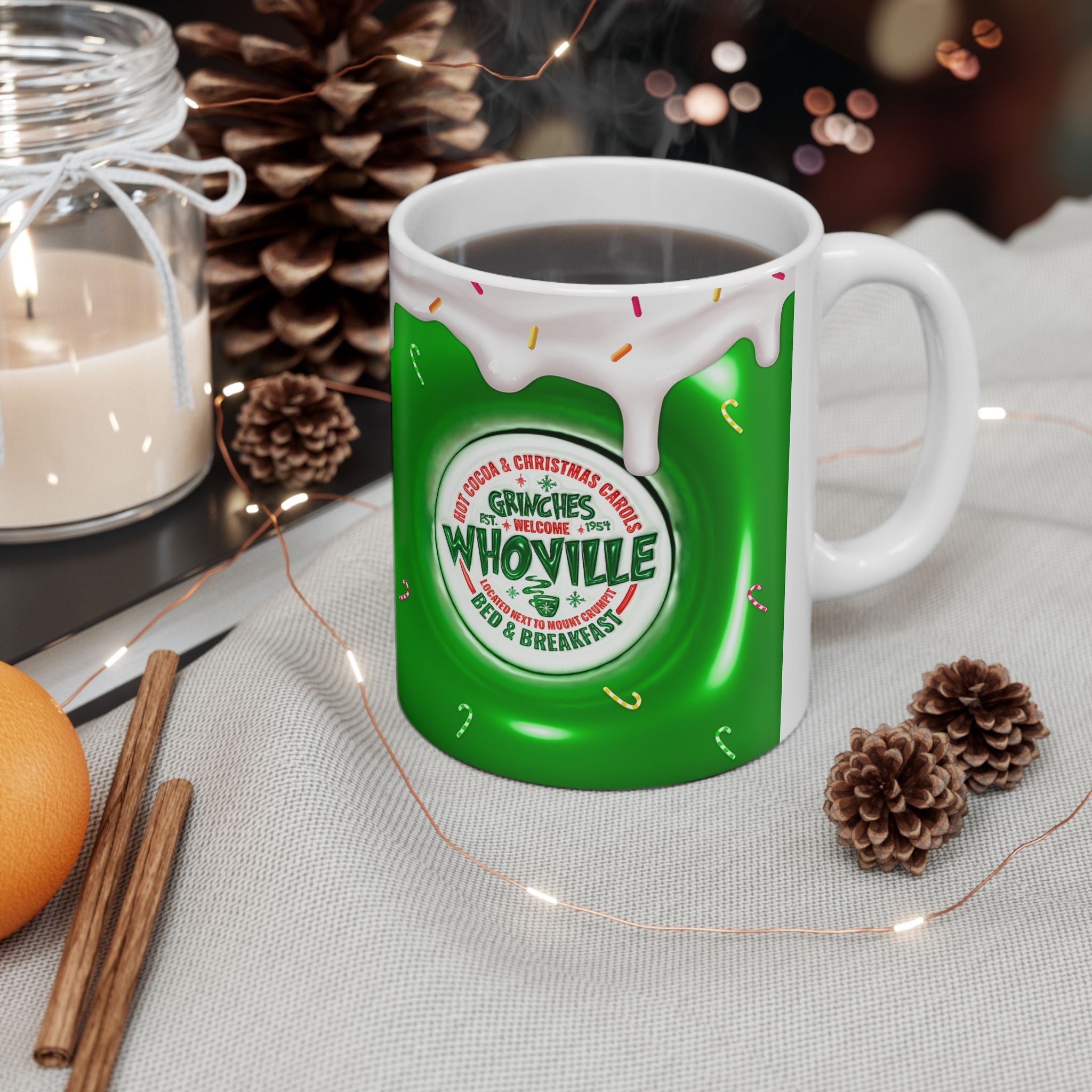 Whoville Christmas Dripping Frosting Mug | Holiday Green Candy Cane Ceramic Mug