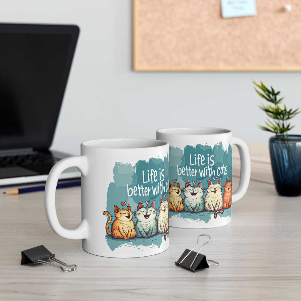 Life Is Better With Cats Mug | Cute Trio Cat Illustration Ceramic Mug
