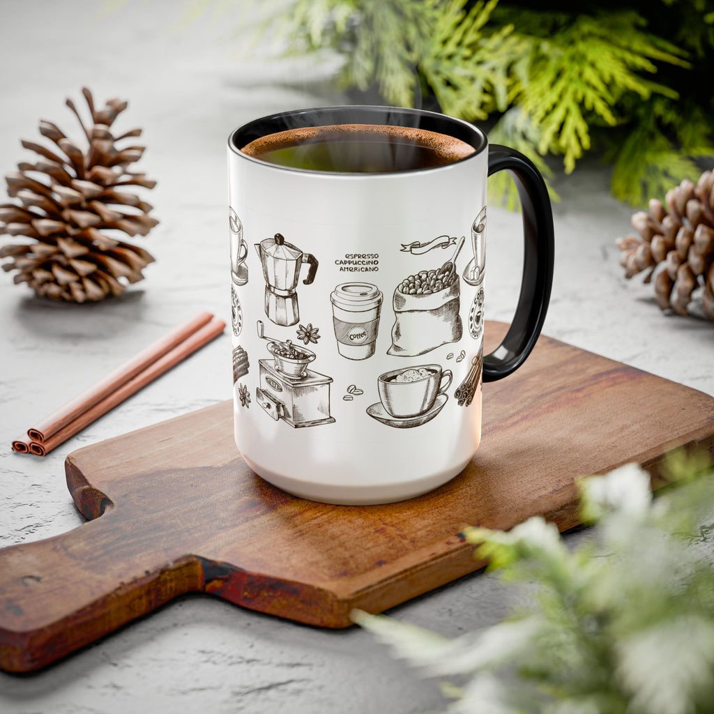 Coffee Pattern Mug — Illustrated Coffee Beans & Brewing Tools (11oz/15oz)