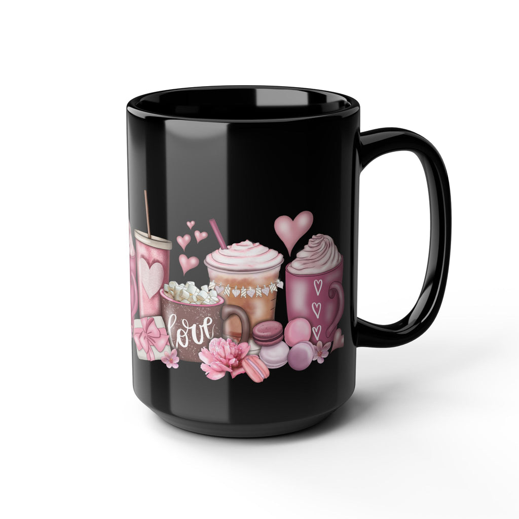 Valentine’s Coffee Love Black Mug — Pink Hot Chocolate & Cocoa Design (11oz/15oz)