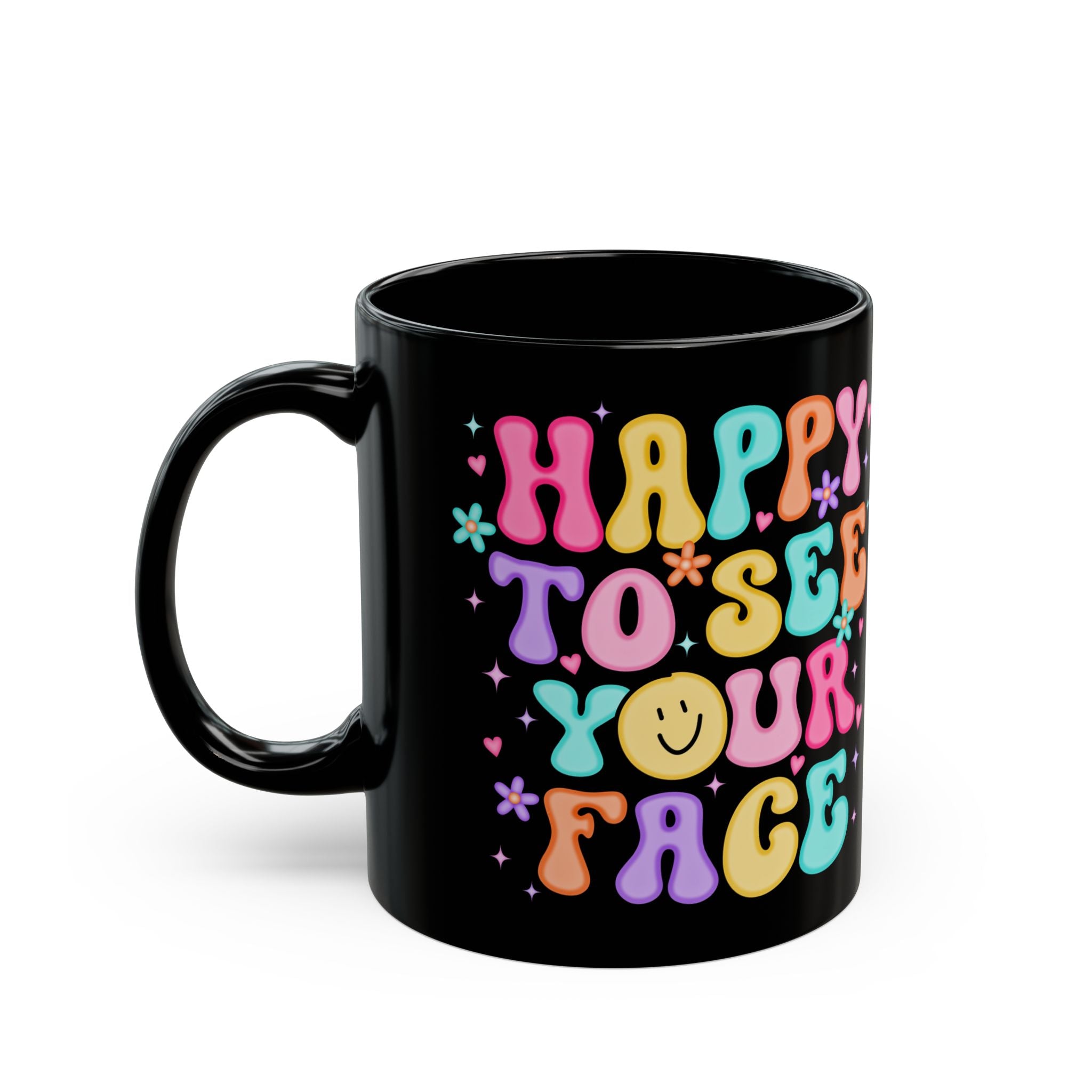 Happy Face Mug - Colorful Black Coffee Cup, Cute Gift for Friends, Cheerful Home Decor, Ideal for Birthdays, Celebrations, and More!