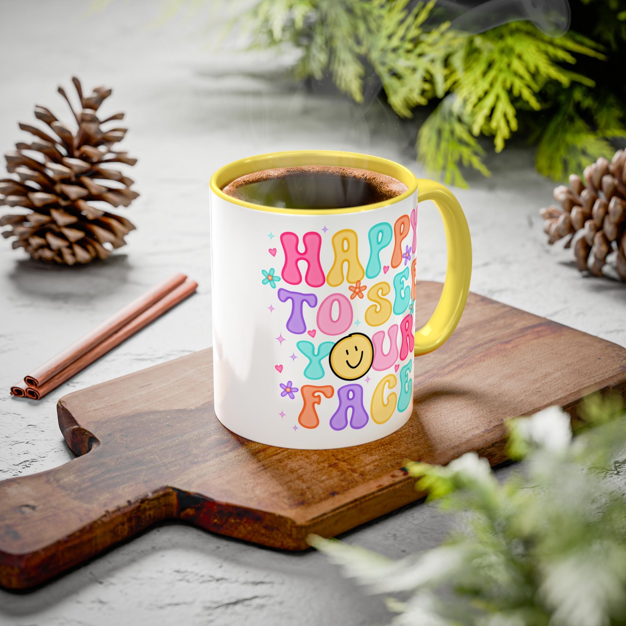 Happy To See Your Face Colorful Coffee Mug — Retro Smiley 11oz/15oz