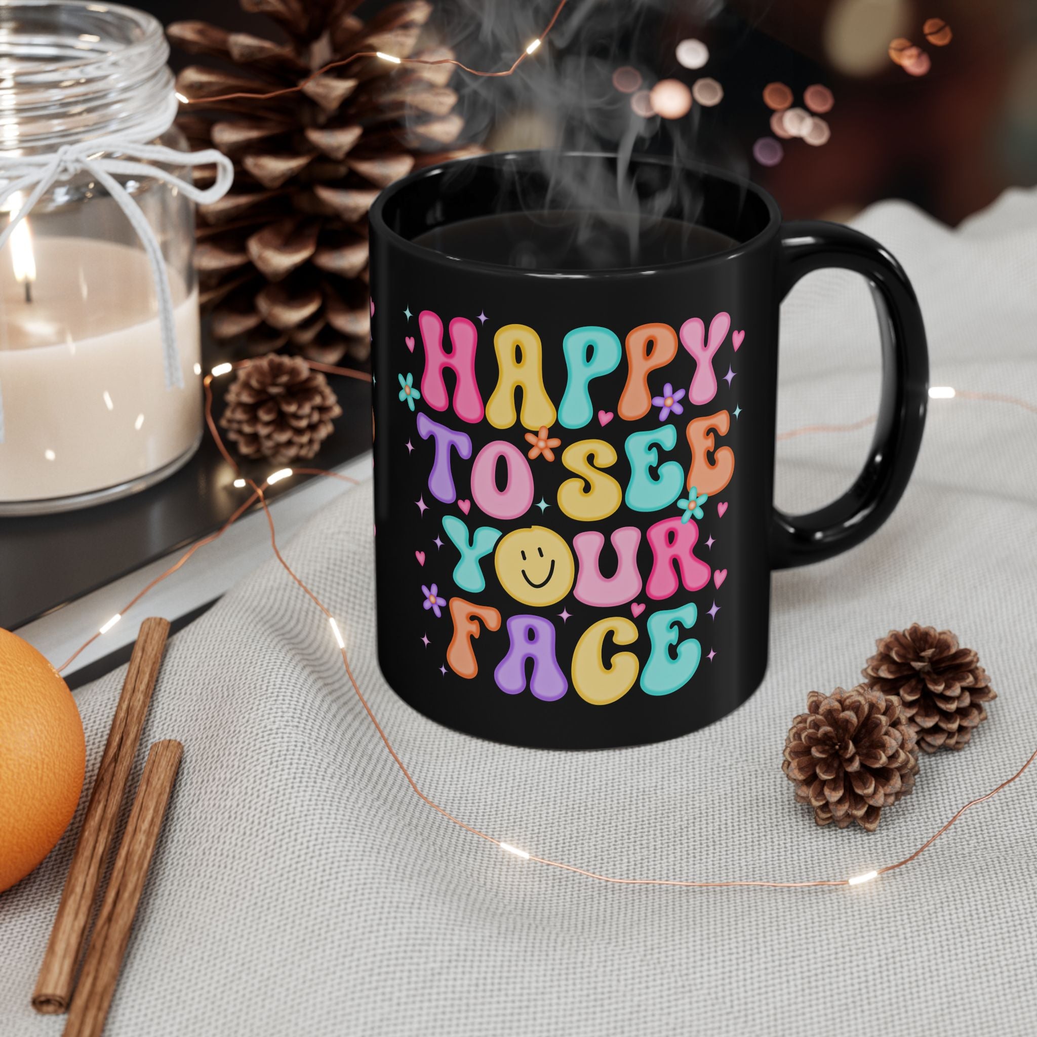 Happy Face Mug - Colorful Black Coffee Cup, Cute Gift for Friends, Cheerful Home Decor, Ideal for Birthdays, Celebrations, and More!