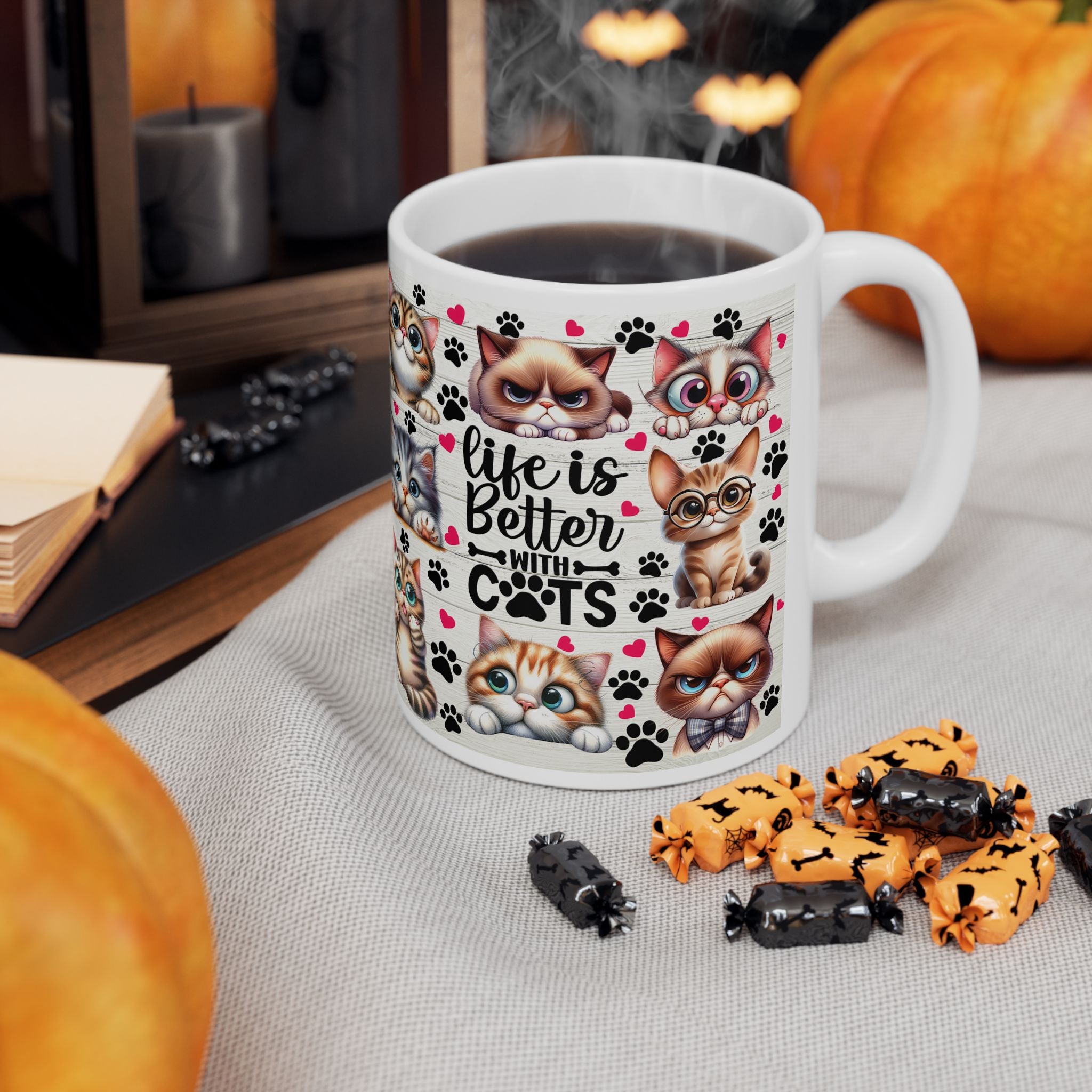 Cute Kawaii Cats Pattern Mug | Cat Paw Prints Ceramic Coffee Cup