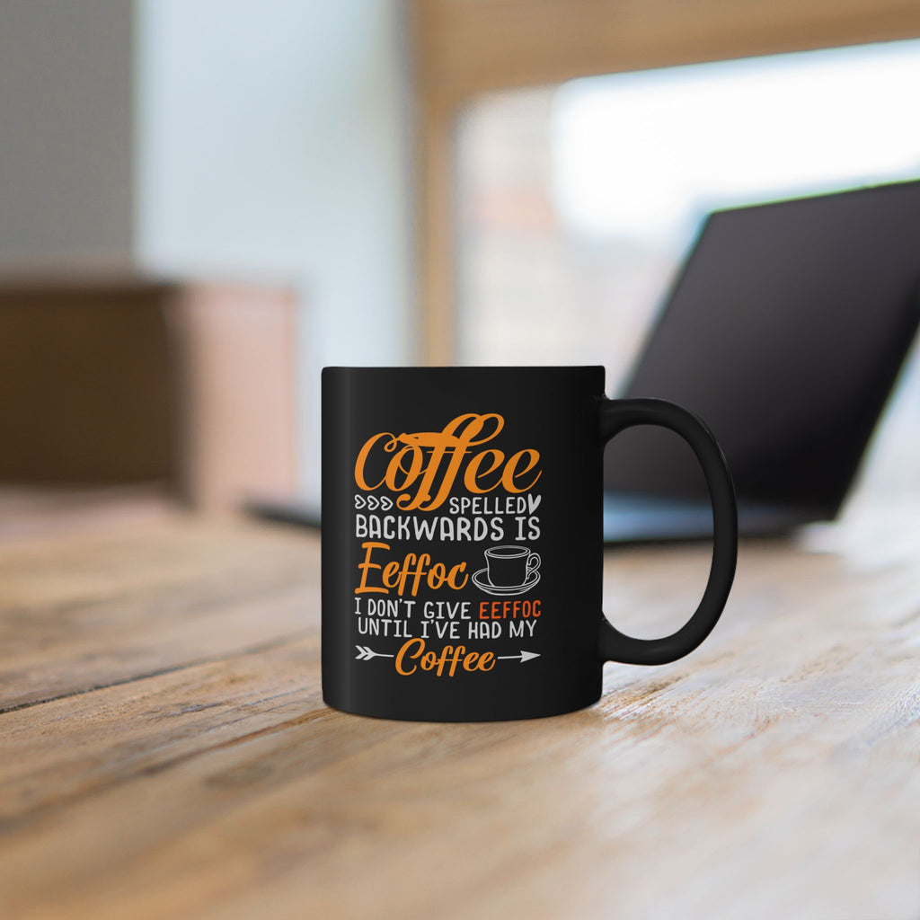 Coffee Mug — “Coffee Spelled Backwards Is Eeffoc” Funny Black Ceramic Mug for Coffee Lovers