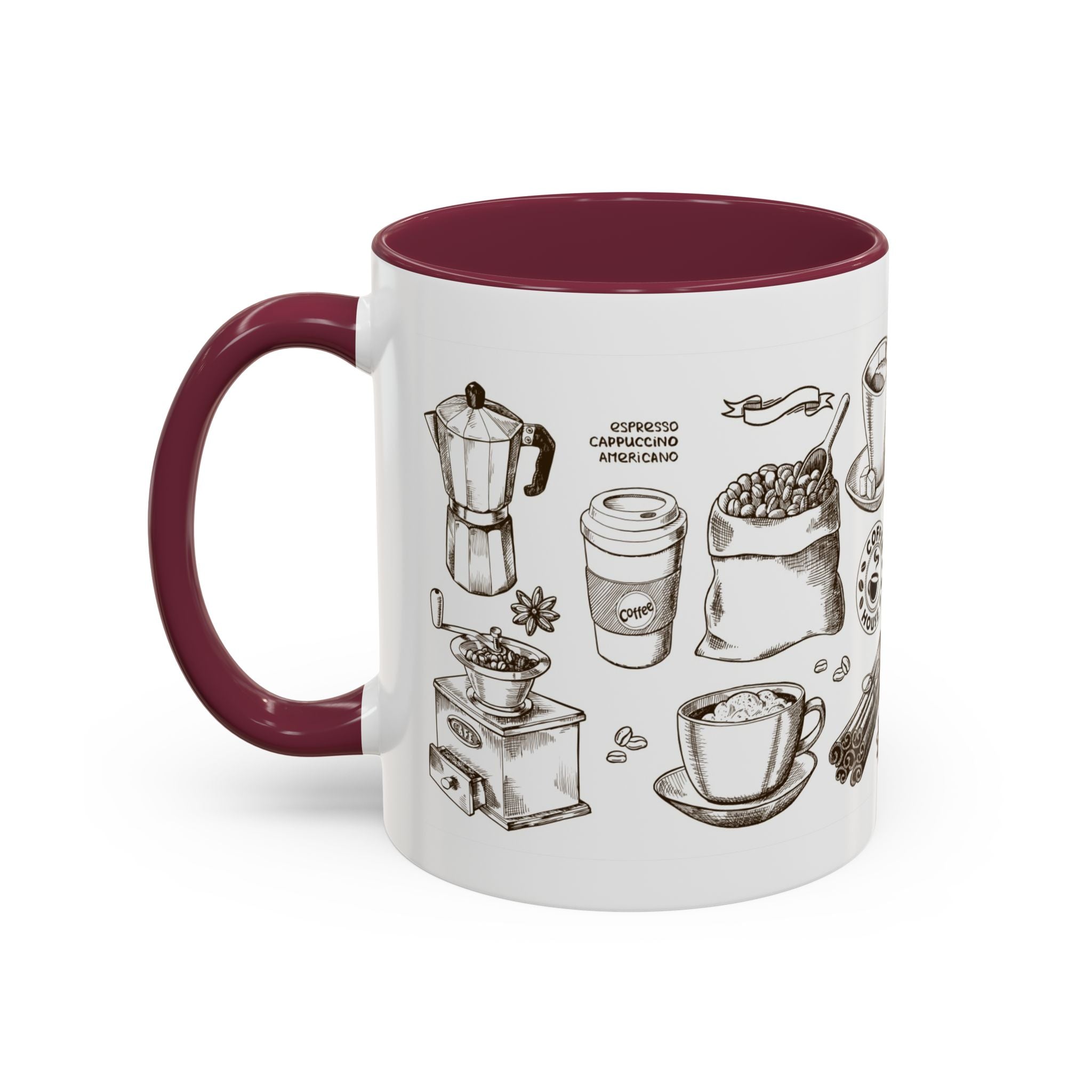 Coffee Pattern Mug — Illustrated Coffee Beans & Brewing Tools (11oz/15oz)