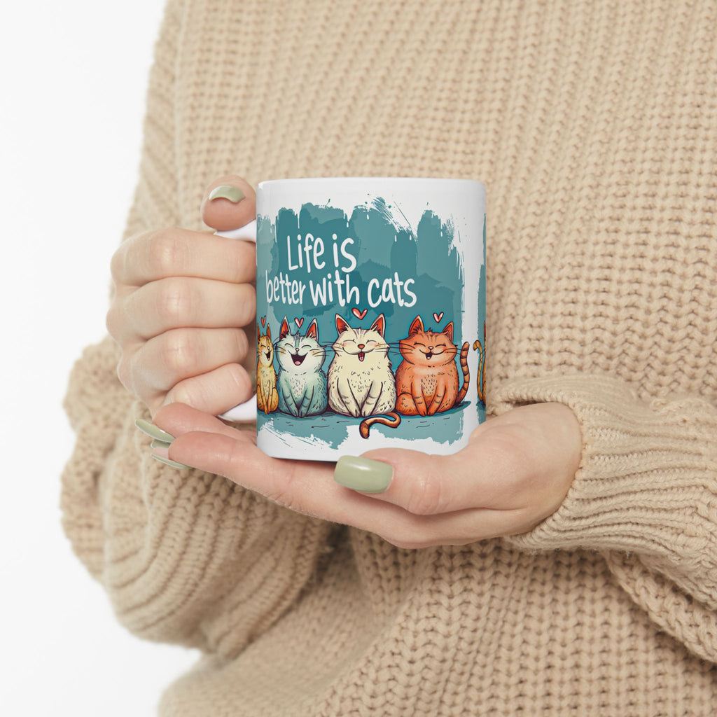 Life Is Better With Cats Mug | Cute Trio Cat Illustration Ceramic Mug