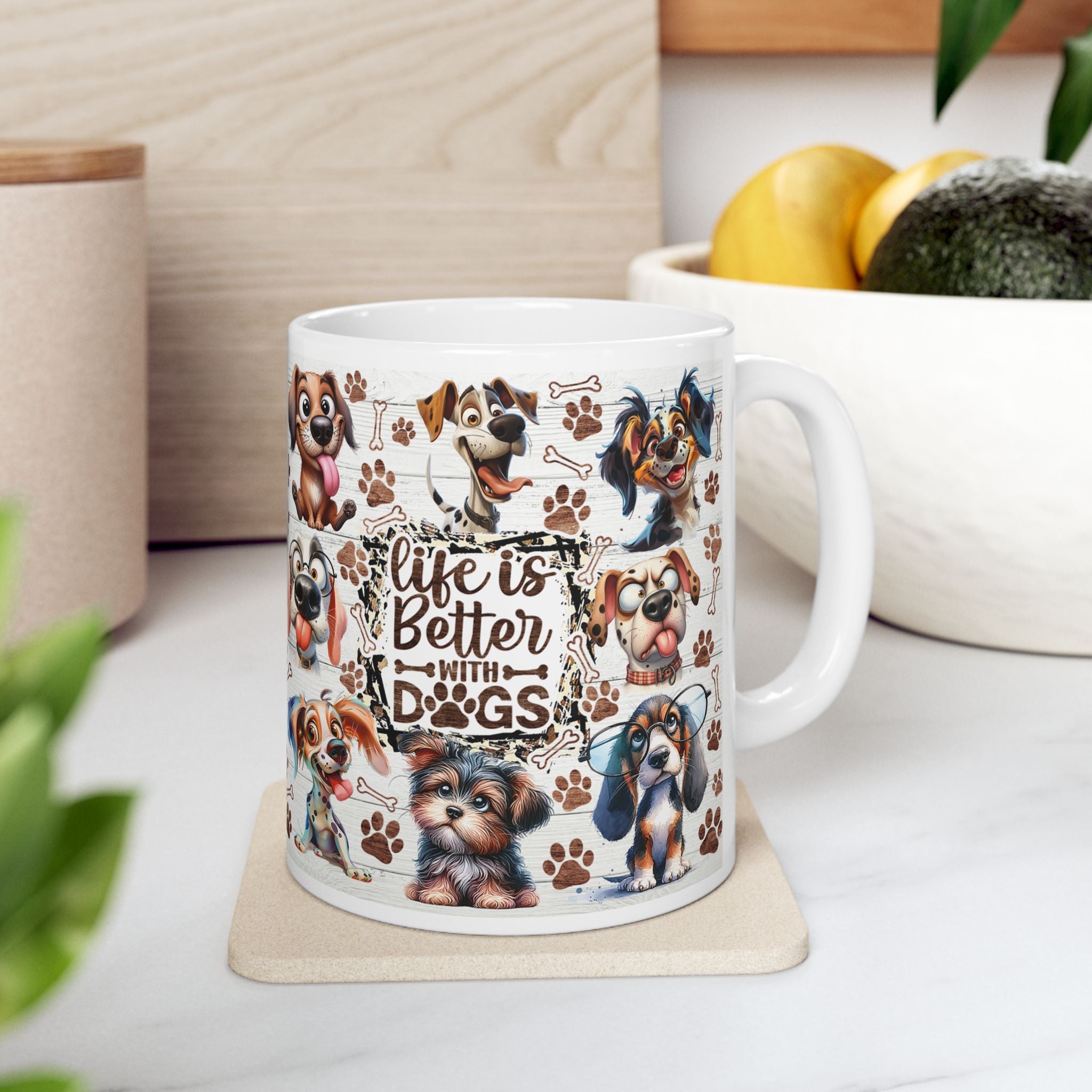 Cute Cartoon Puppy Pattern Mug | Dog Paw Bone Coffee Mug