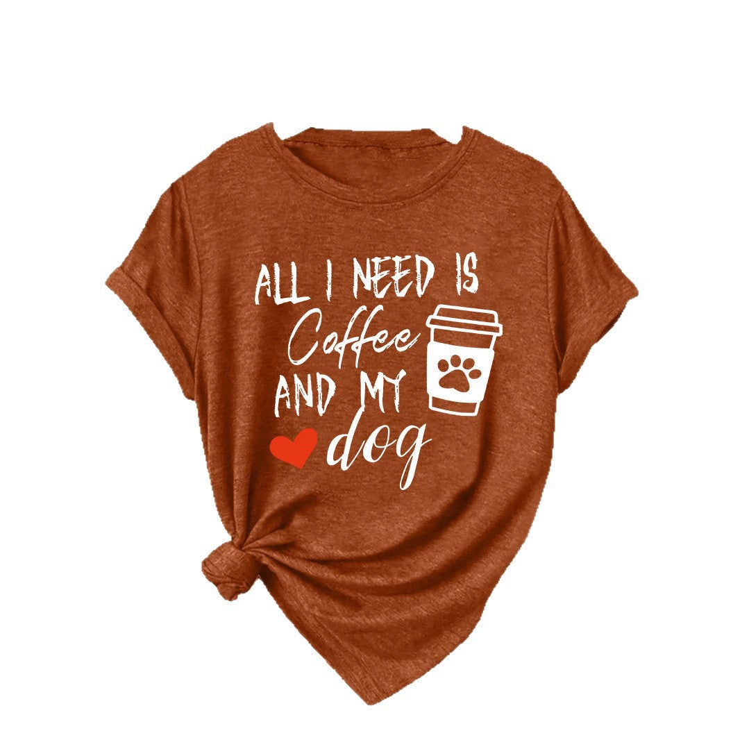 Short sleeved T-shirt with women's coffee and dog pattern round neck short sleeved shirt