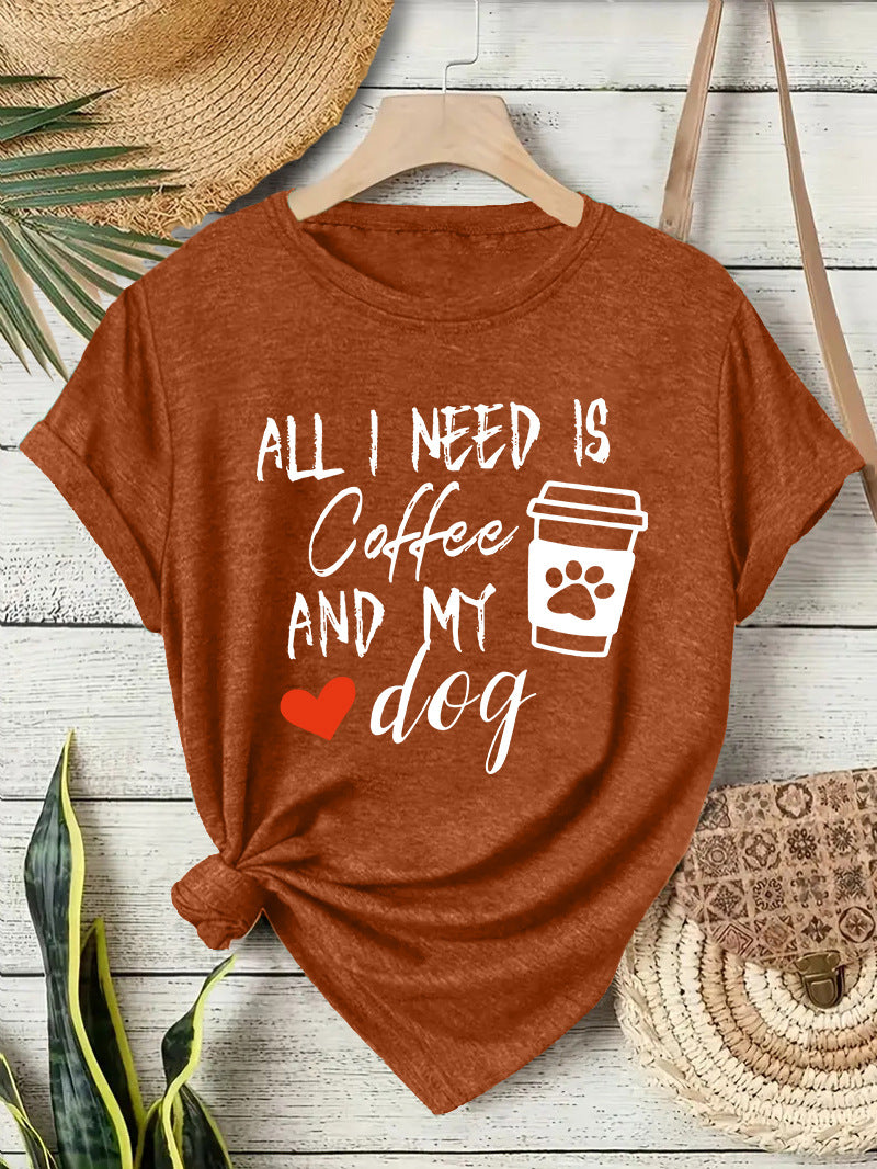 Short sleeved T-shirt with women's coffee and dog pattern round neck short sleeved shirt