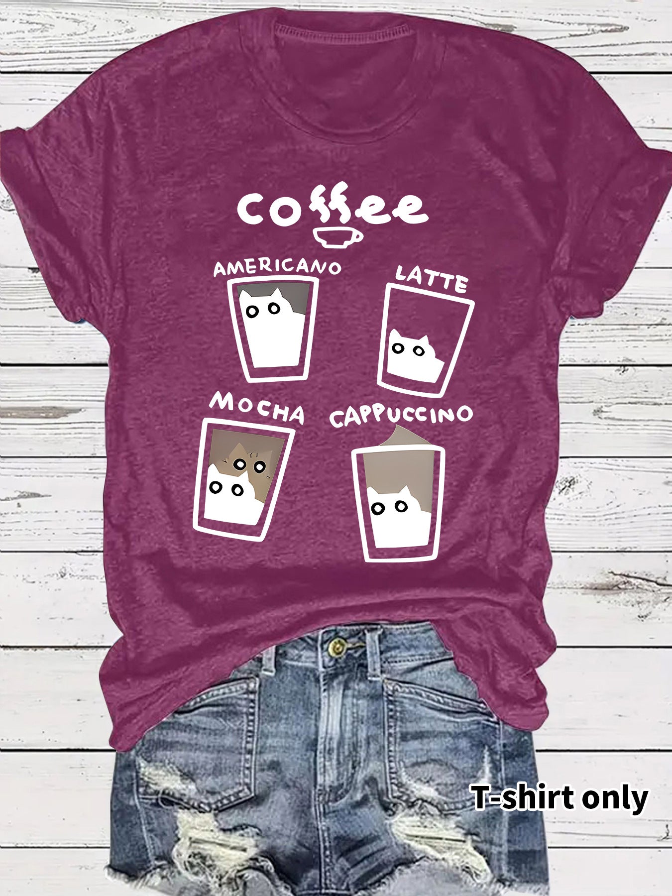 Short sleeved women's t-shirt coffee cup cat pattern print