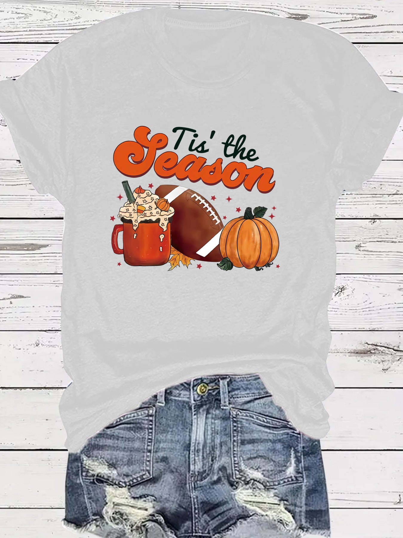 Pumpkin baseball coffee print round neck short sleeved shirt