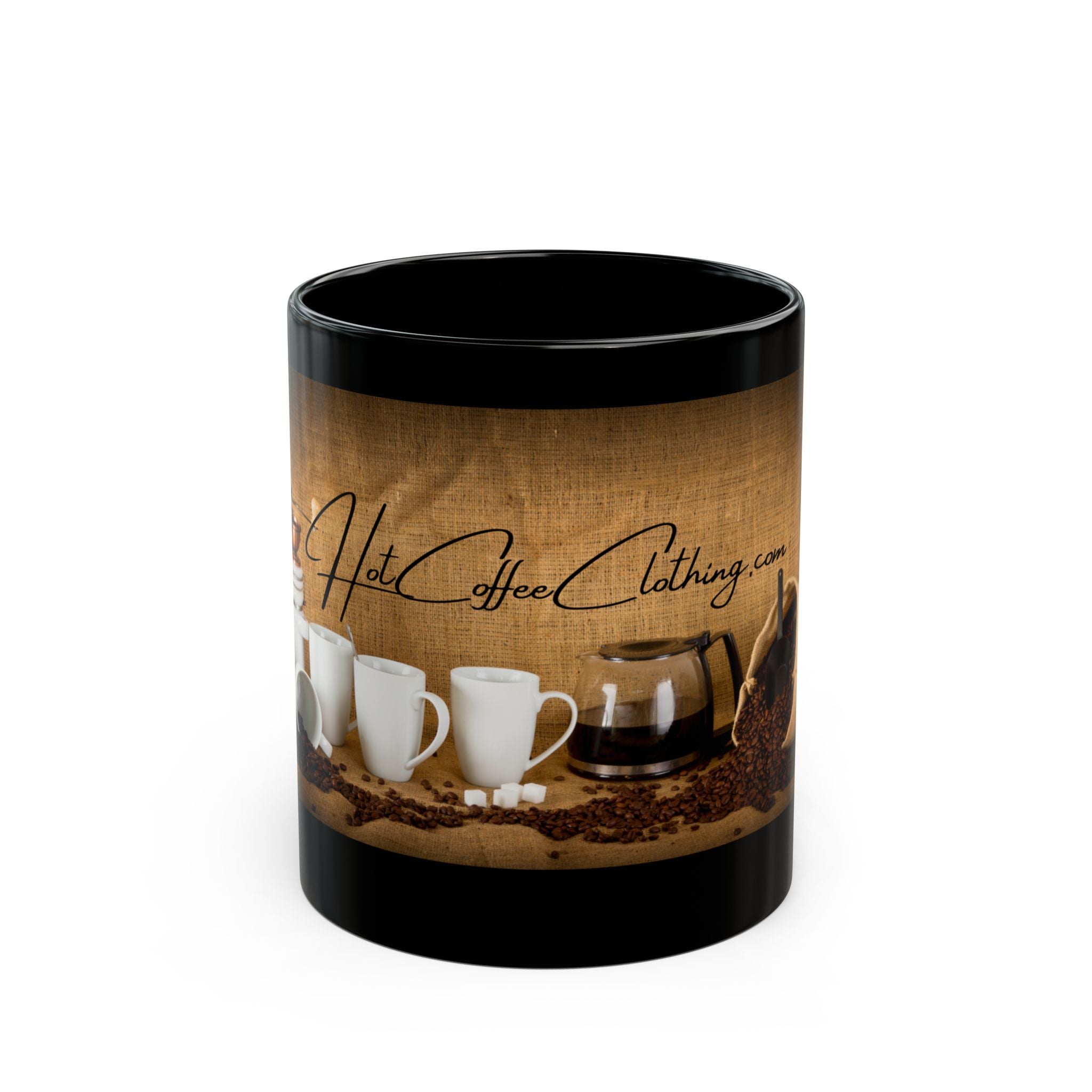 Hot Coffee Clothing Black Mug 15oz - Coffee Lover Gift, Hot Beverage Mug, Coffee Mug with Slogan, Kitchen Decor, HotCoffeeClothing.com