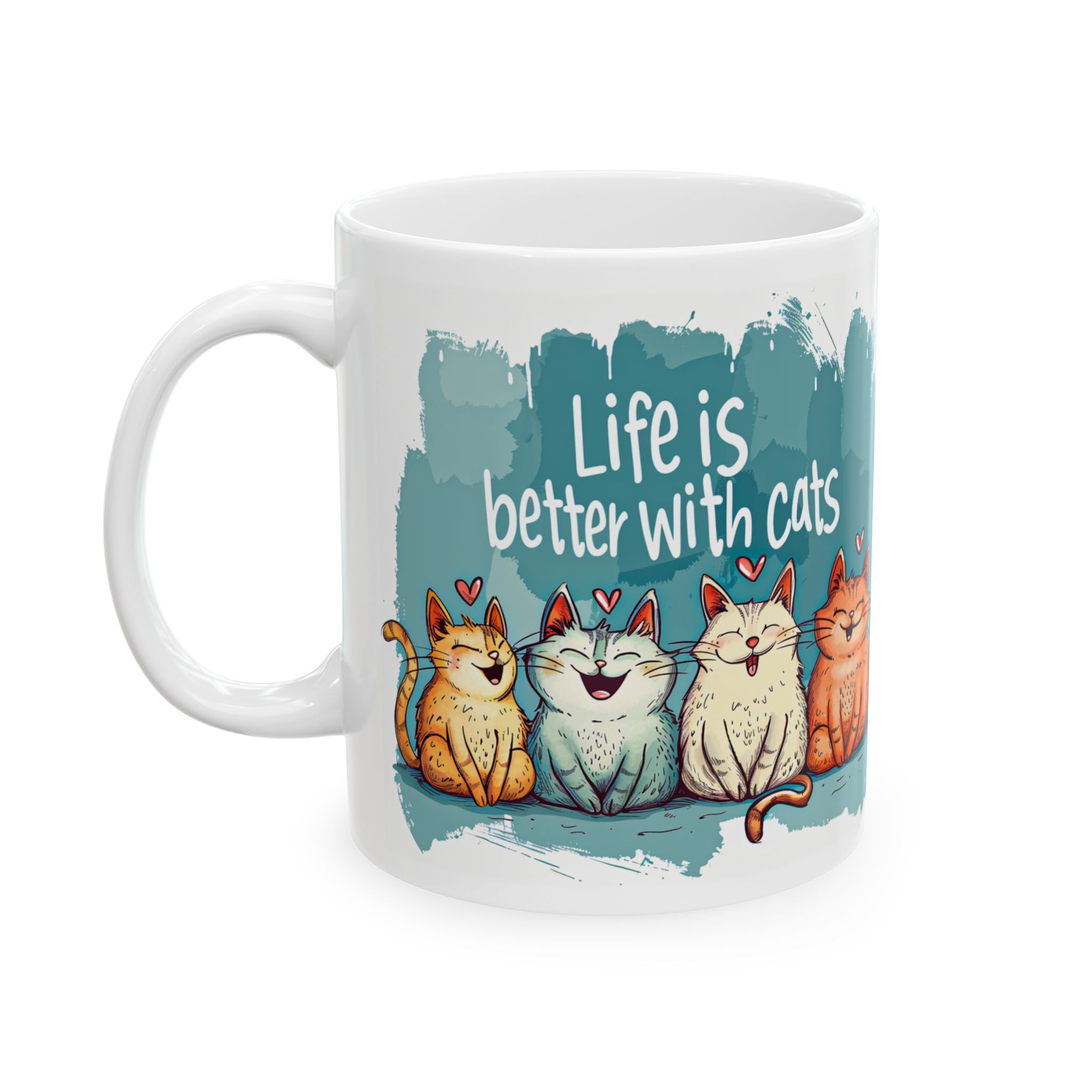 Life Is Better With Cats Mug | Cute Trio Cat Illustration Ceramic Mug