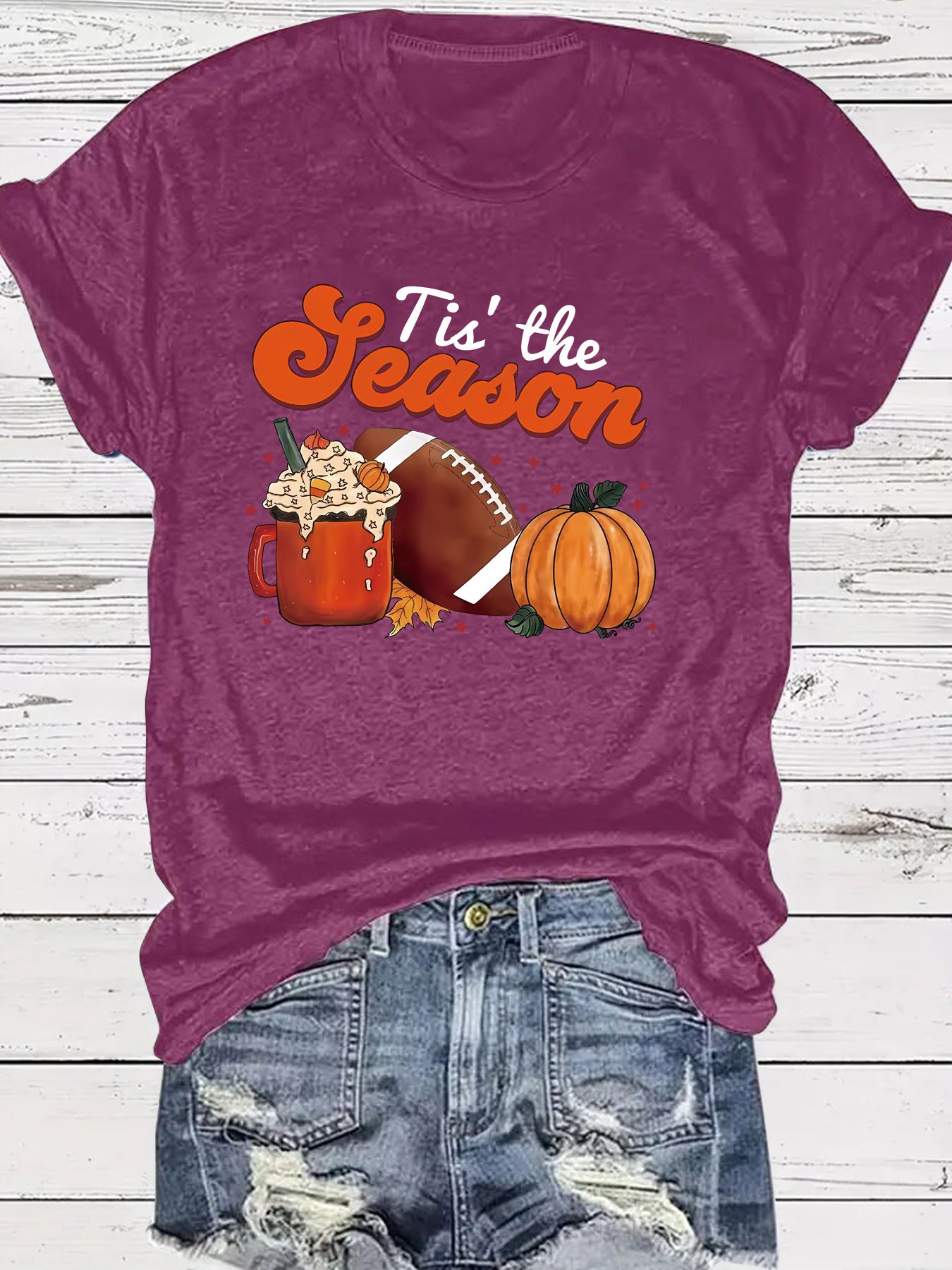 Pumpkin baseball coffee print round neck short sleeved shirt
