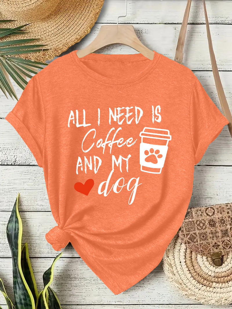 Short sleeved T-shirt with women's coffee and dog pattern round neck short sleeved shirt