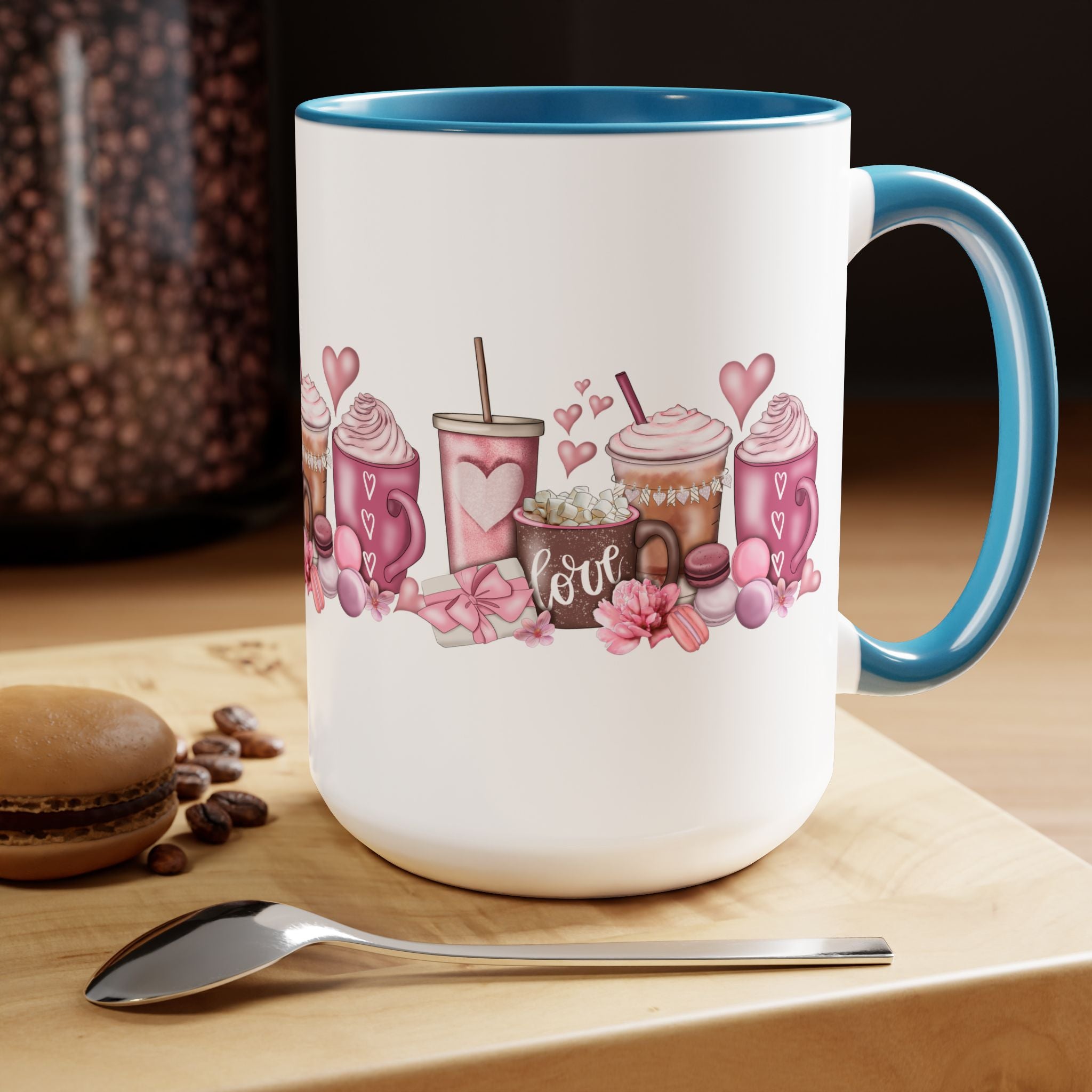 Love Coffee Two-Tone Coffee Mugs, 15oz #Coffee #HotCoffee HotCoffeeClothing.com #ValentinesDay
