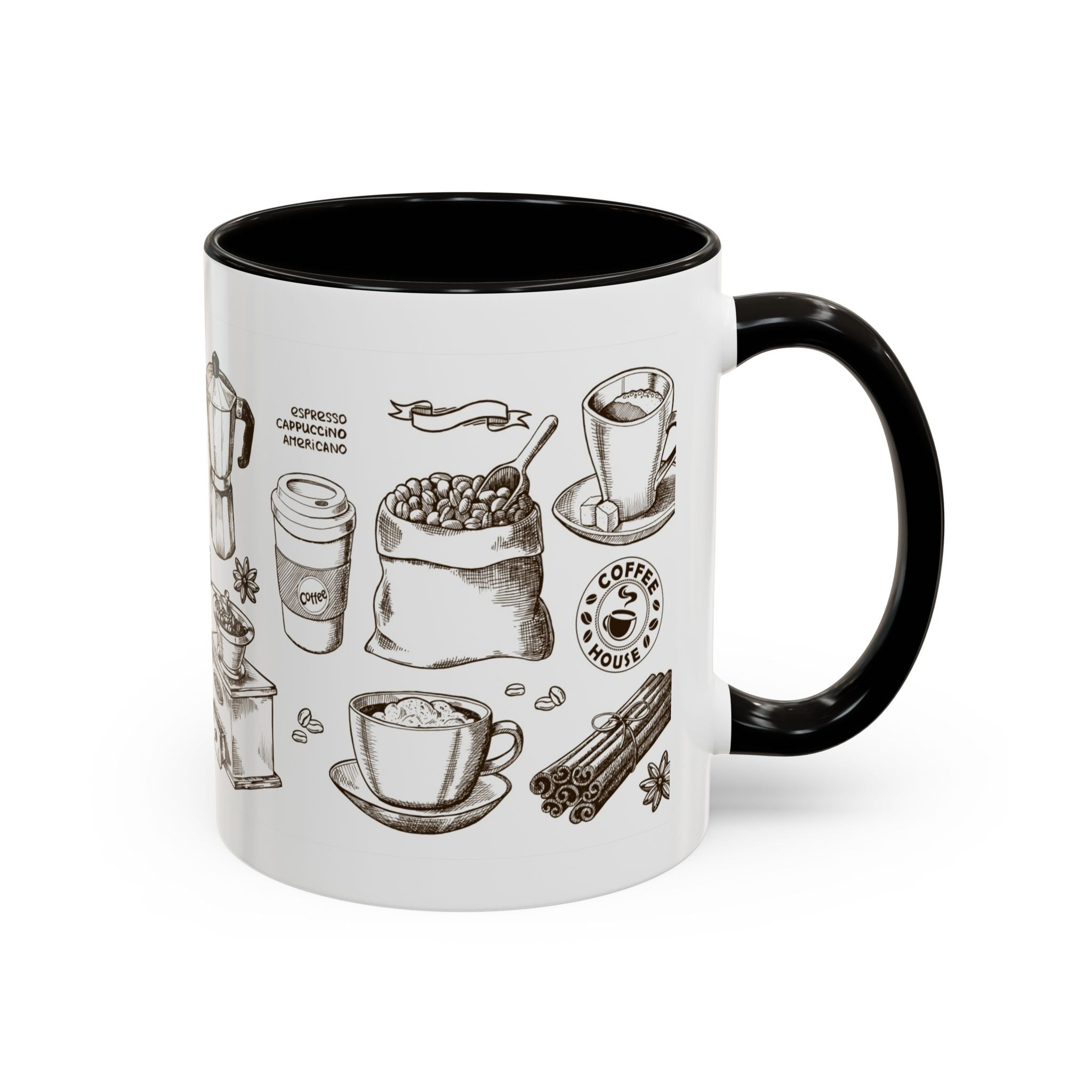 Coffee Pattern Mug — Illustrated Coffee Beans & Brewing Tools (11oz/15oz)