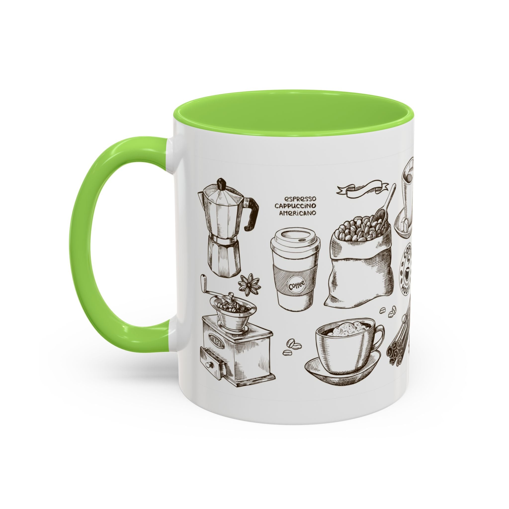 Coffee Pattern Mug — Illustrated Coffee Beans & Brewing Tools (11oz/15oz)