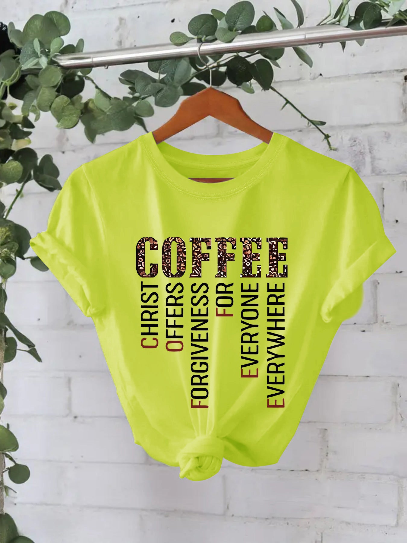 COFFEE printed pure cotton round neck loose short sleeved shirt