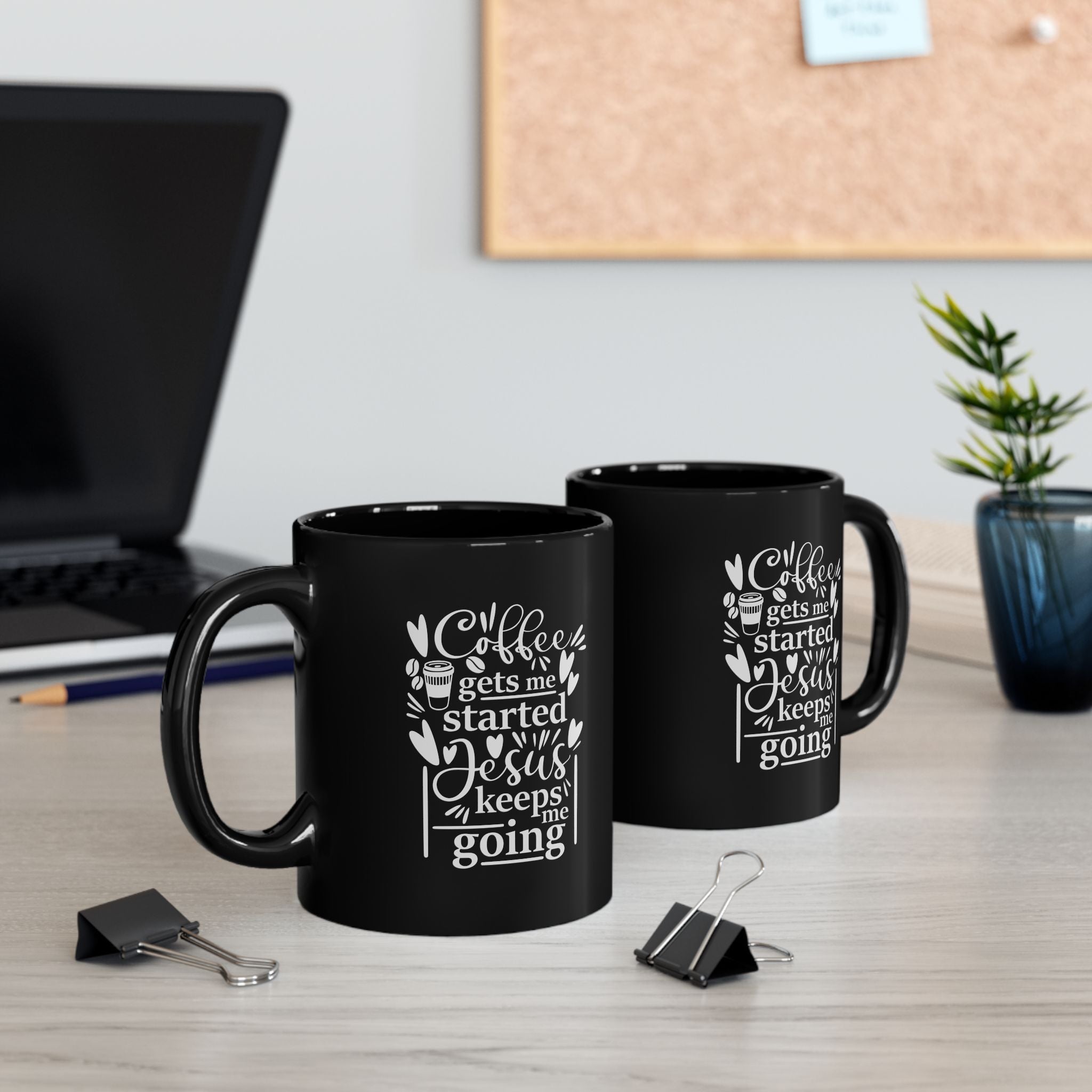 Coffee Gets Me Started, Jesus Keeps Me Going Black Ceramic Mug (11oz, 15oz)