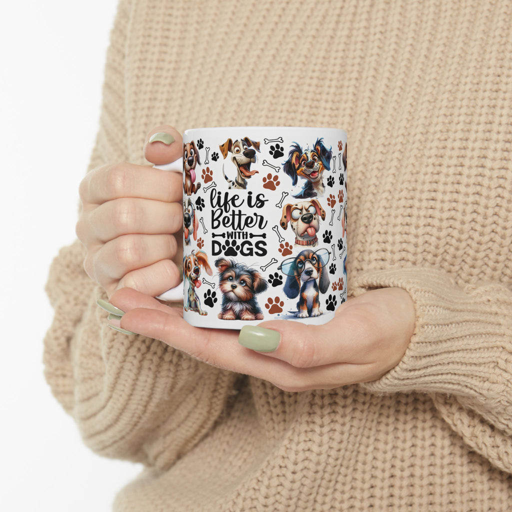 Cute Cartoon Puppies Ceramic Mug | Dog Paws Bones Pattern