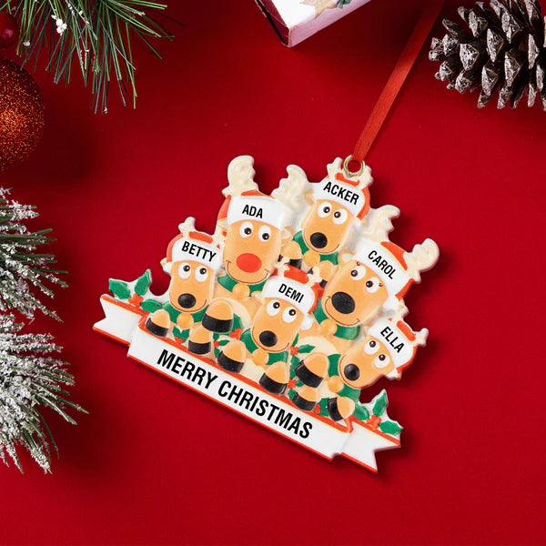 Personalized Reindeer Family Ornament with Custom Names and Merry Christmas Text, Resin Christmas Decoration