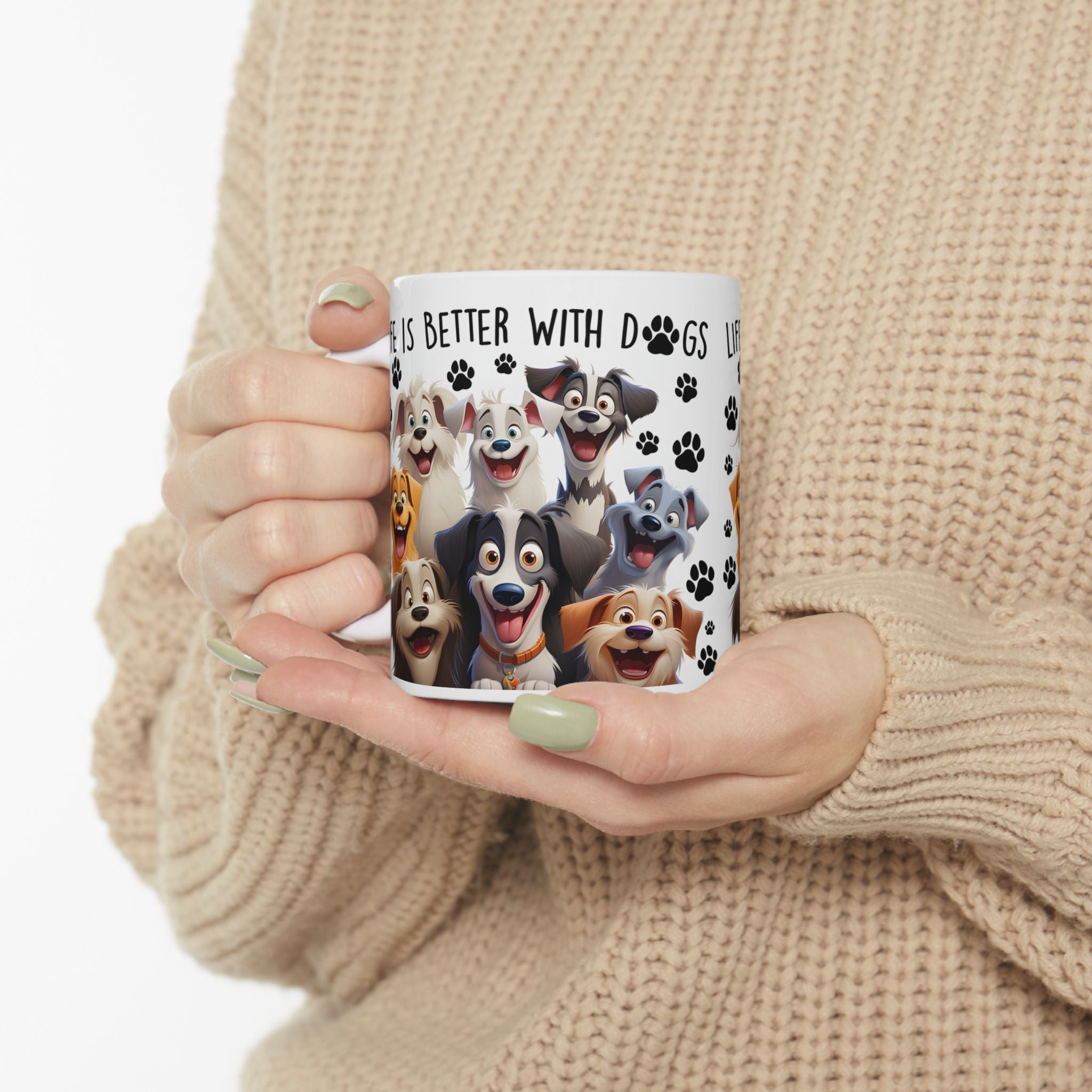 Happy Cartoon Dogs Life Is Better With Dogs Mug | Ceramic Coffee Cup