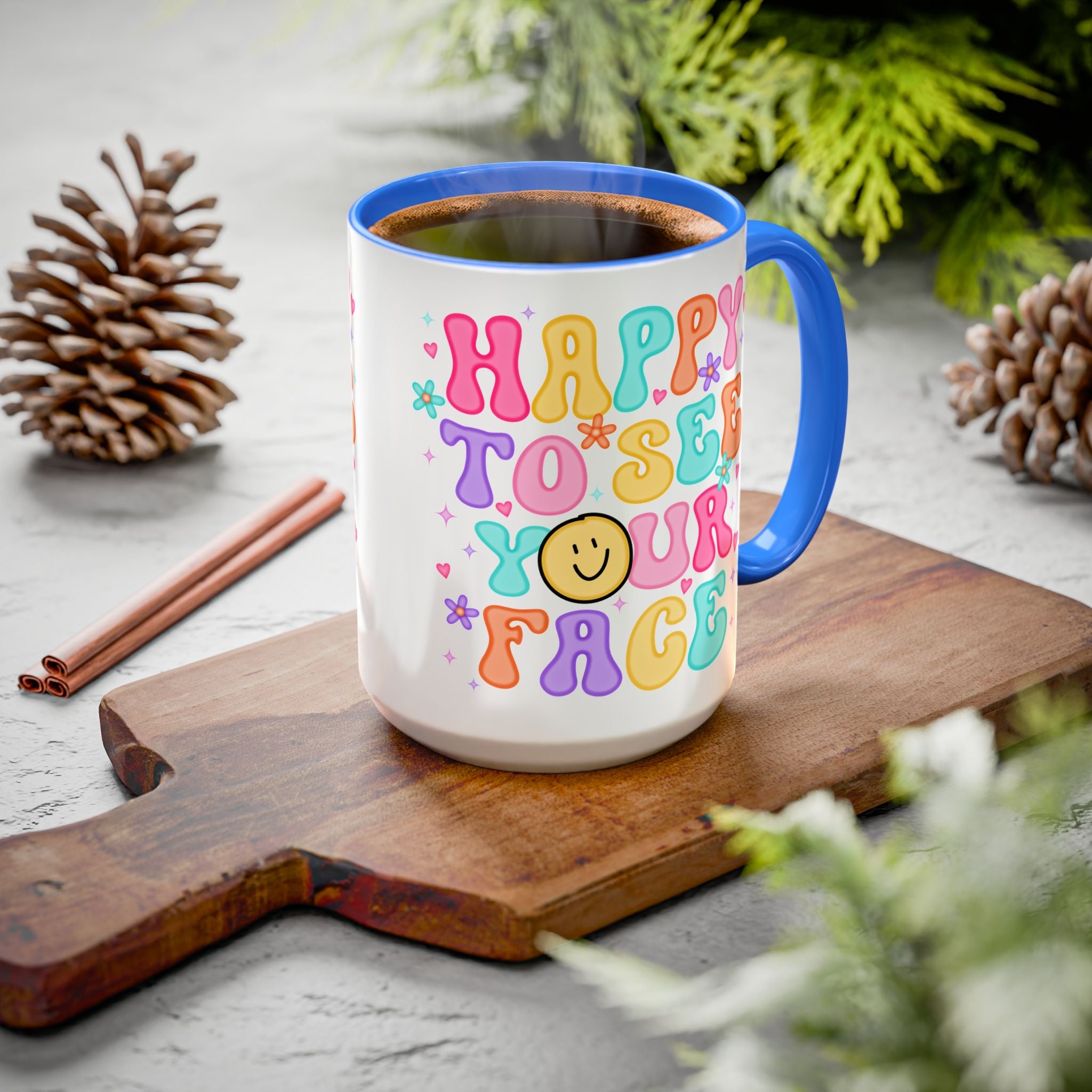 Happy To See Your Face Colorful Coffee Mug — Retro Smiley 11oz/15oz