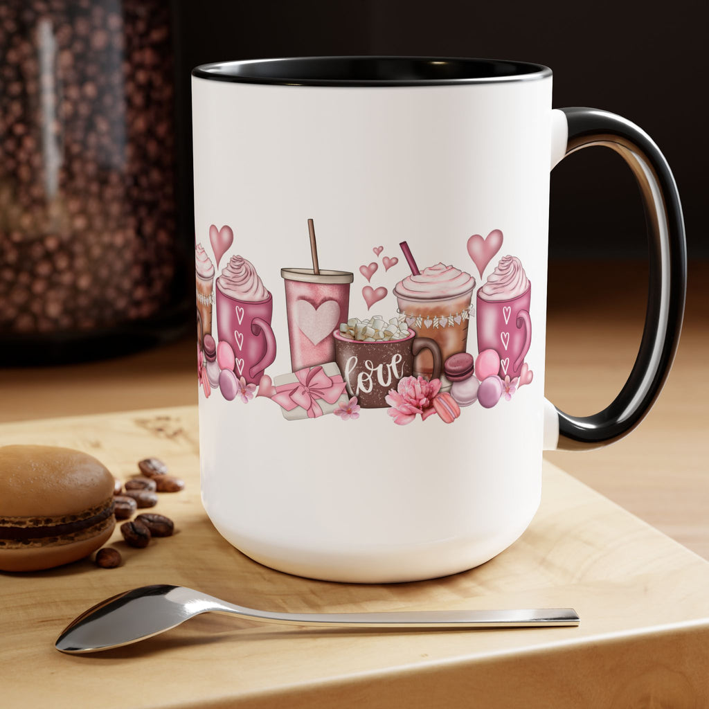 Love Coffee Two-Tone Coffee Mugs, 15oz #Coffee #HotCoffee HotCoffeeClothing.com #ValentinesDay