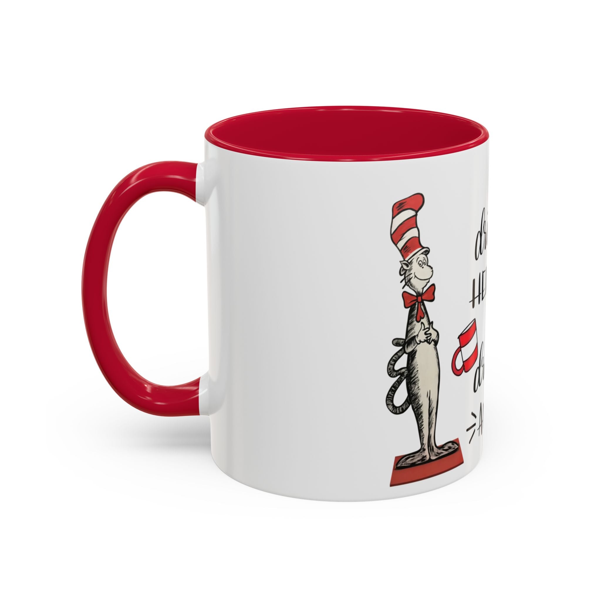 Cat in Hat Coffee Mug — "I Will Drink Coffee Here or There" 11/15oz Color Accent