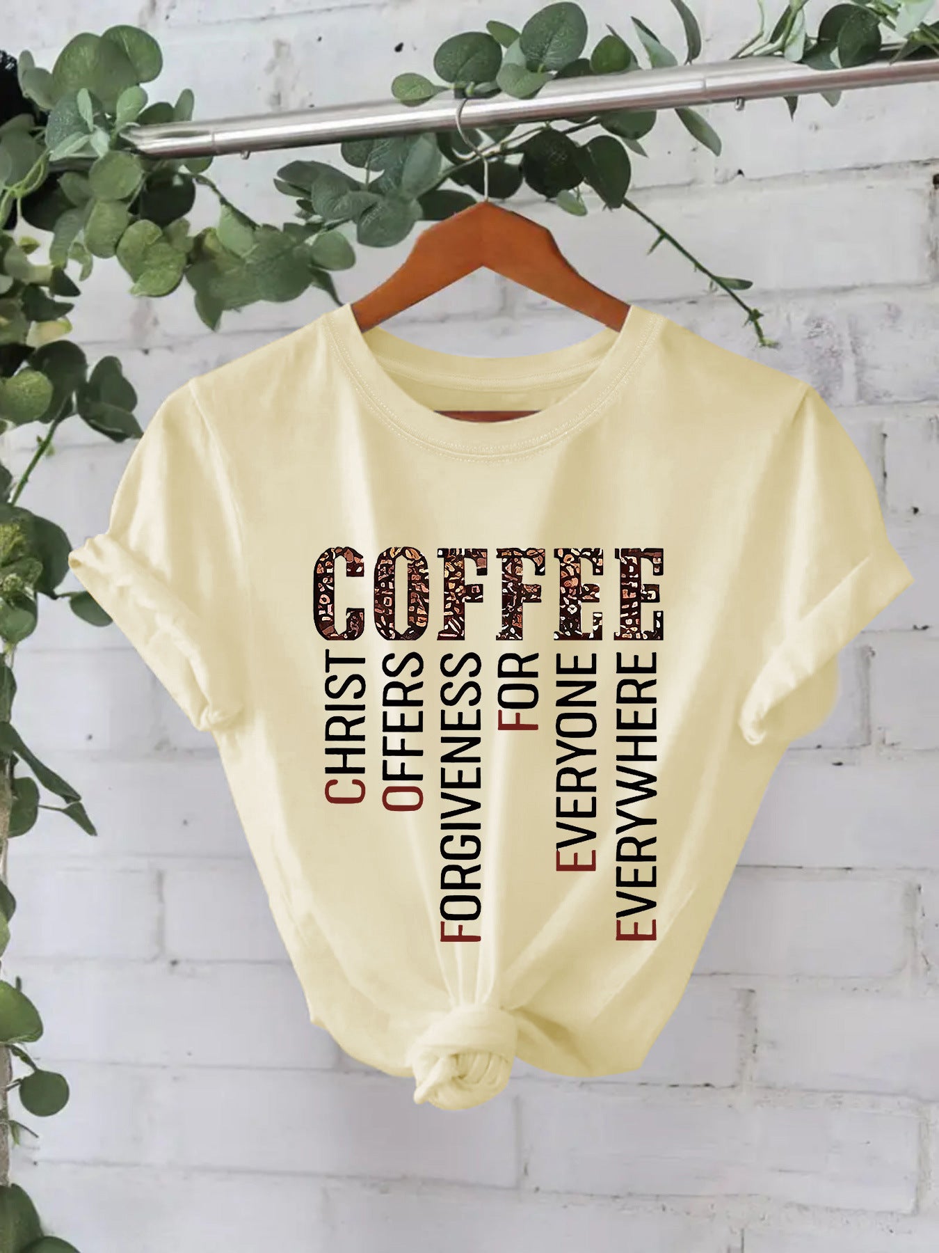 COFFEE printed pure cotton round neck loose short sleeved shirt