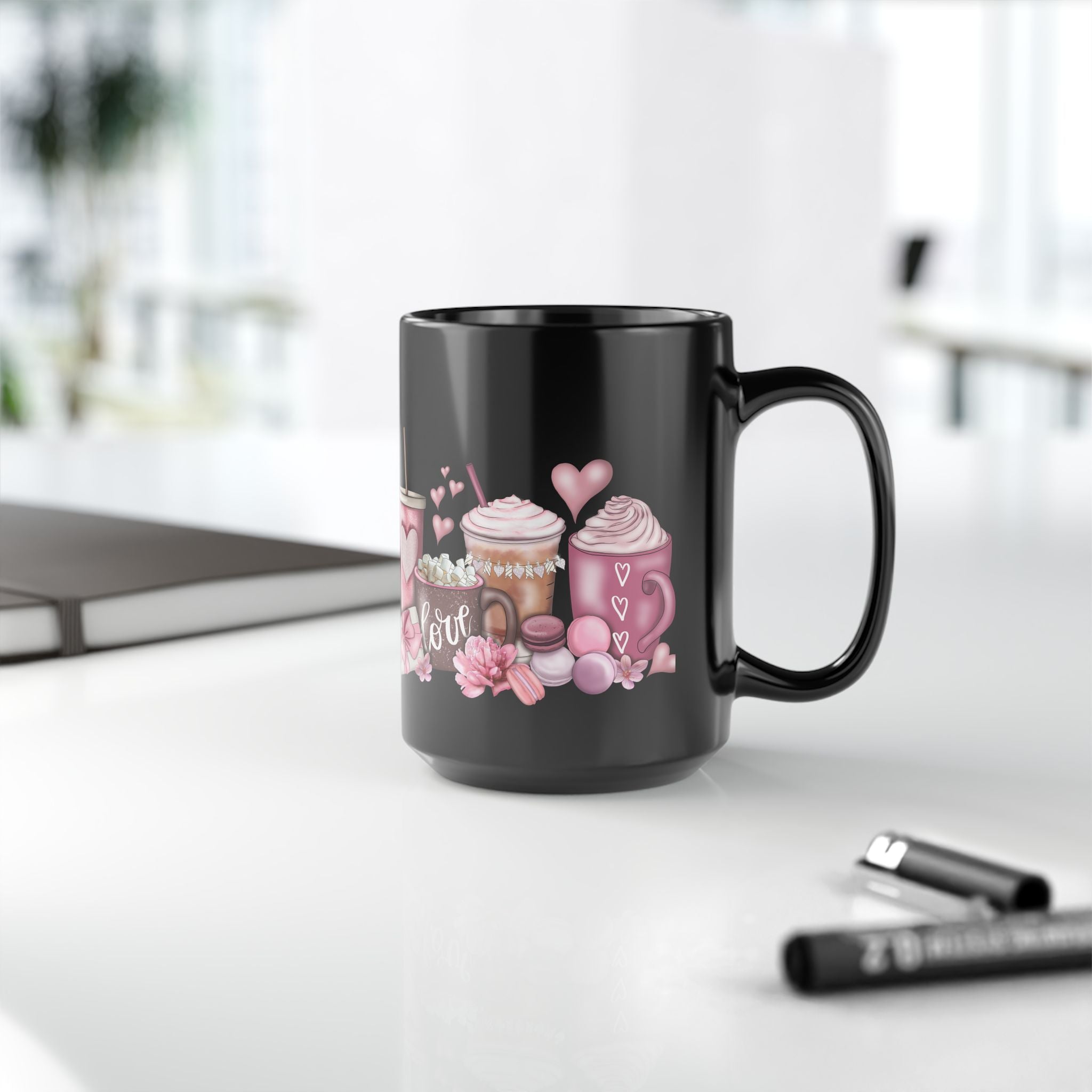 Valentine’s Coffee Love Black Mug — Pink Hot Chocolate & Cocoa Design (11oz/15oz)