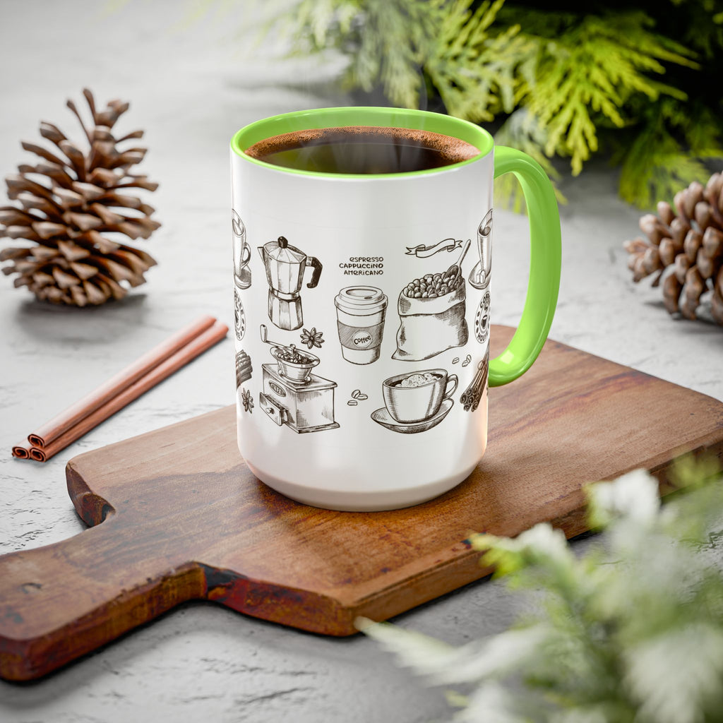 Coffee Pattern Mug — Illustrated Coffee Beans & Brewing Tools (11oz/15oz)