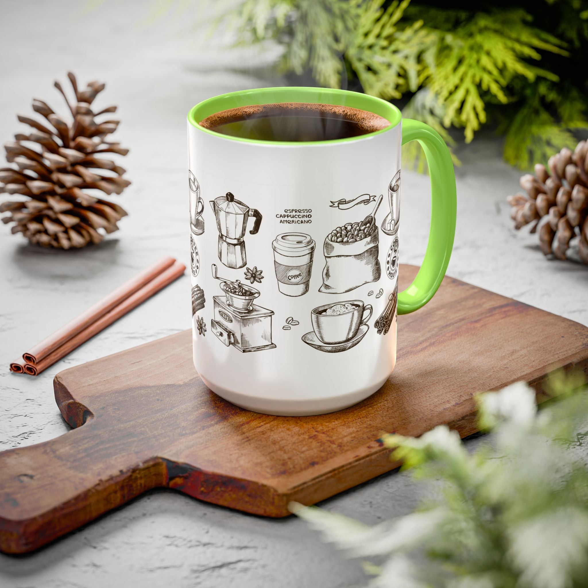 Coffee Pattern Mug — Illustrated Coffee Beans & Brewing Tools (11oz/15oz)