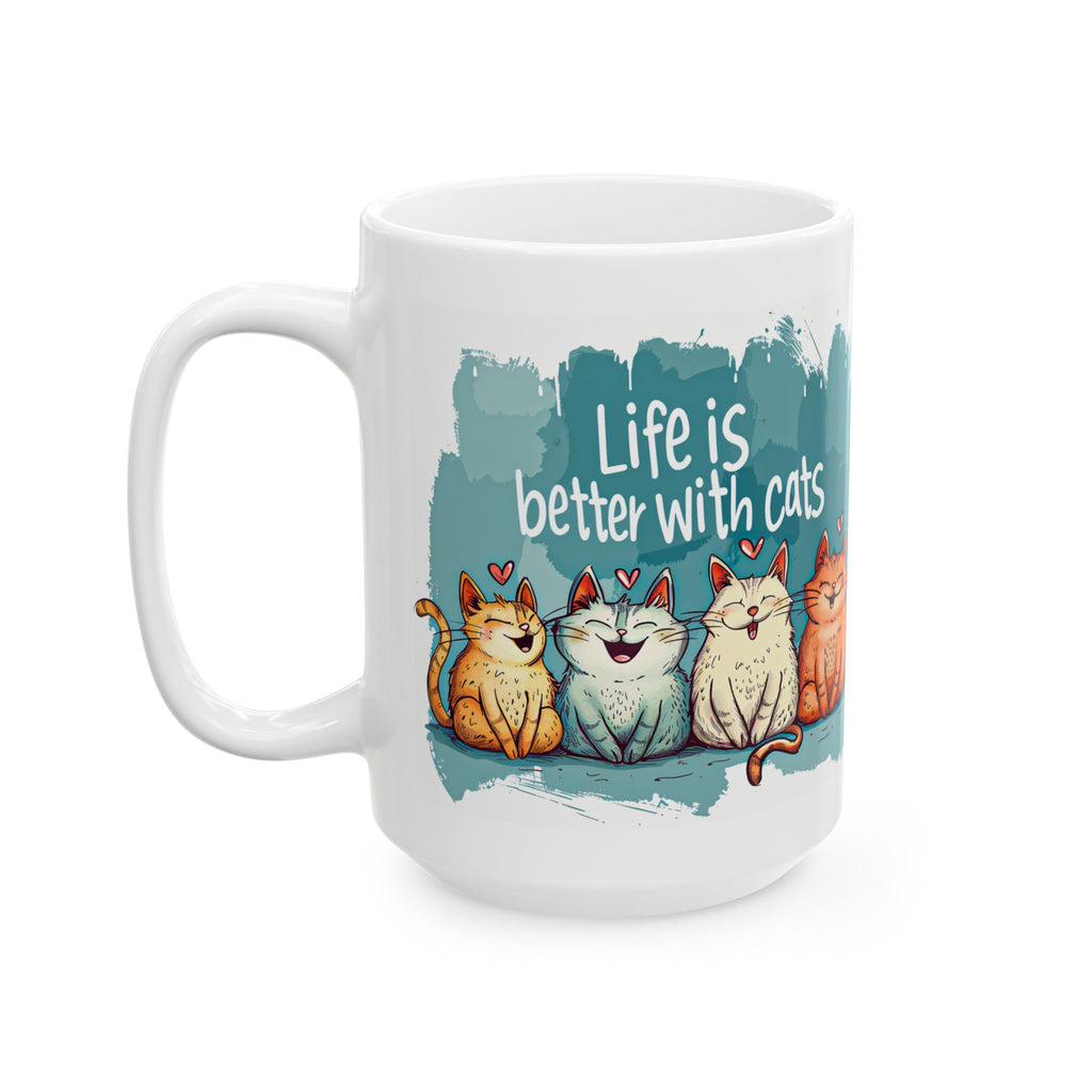 Life Is Better With Cats Mug | Cute Trio Cat Illustration Ceramic Mug