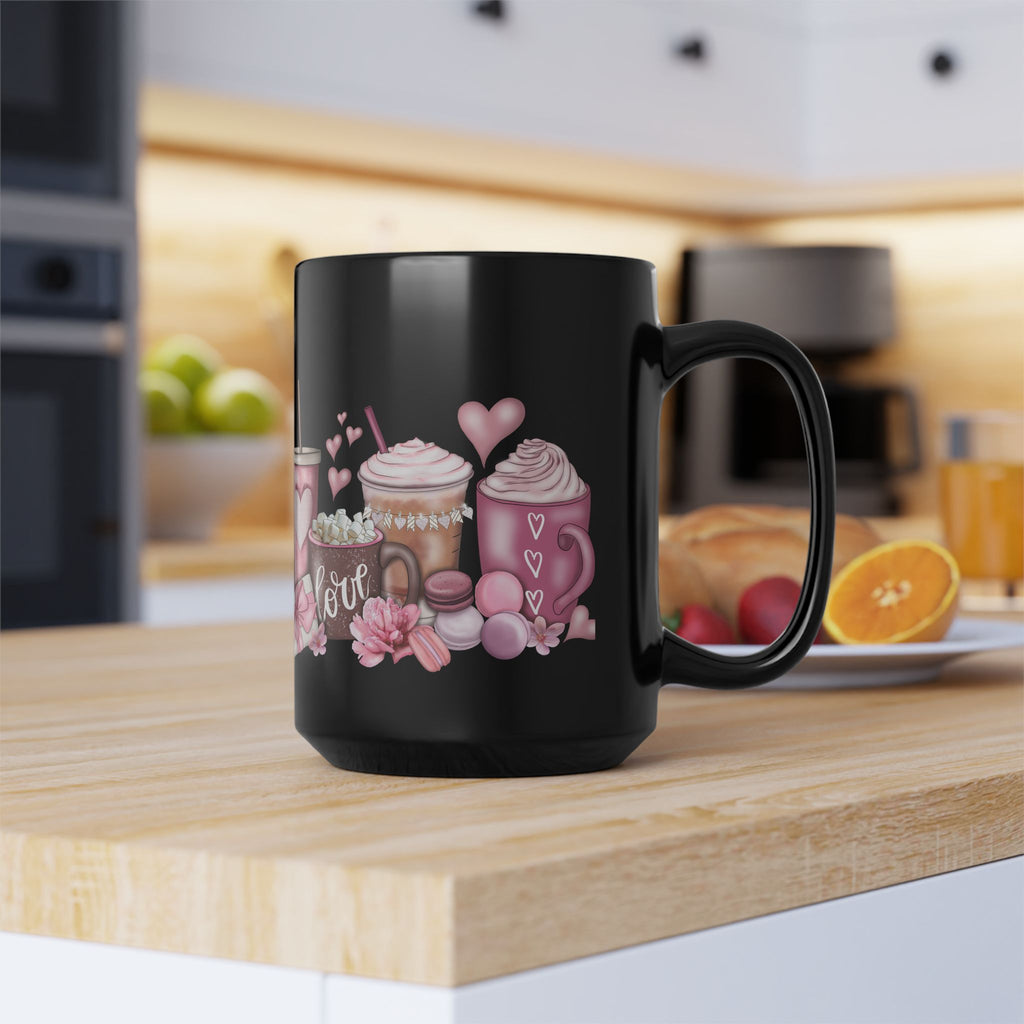 Valentine’s Coffee Love Black Mug — Pink Hot Chocolate & Cocoa Design (11oz/15oz)