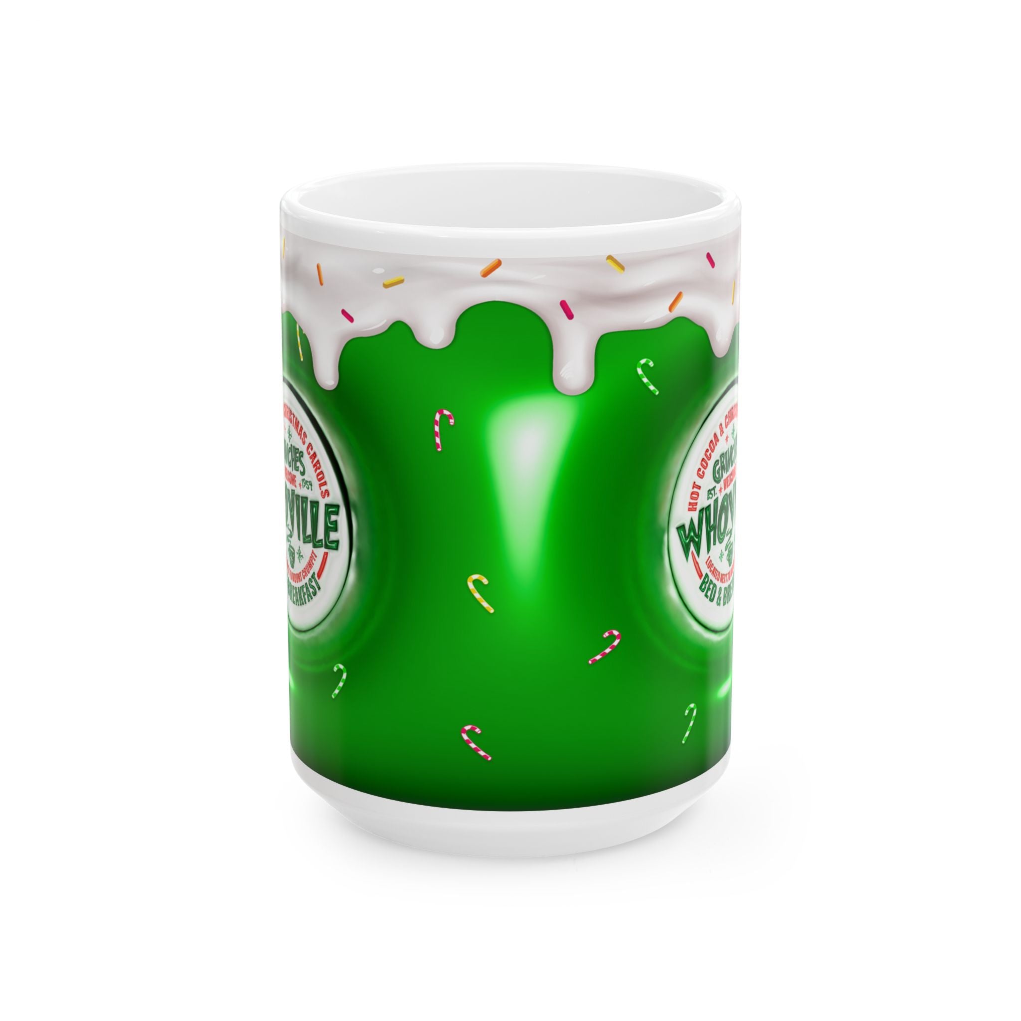 Whoville Christmas Dripping Frosting Mug | Holiday Green Candy Cane Ceramic Mug