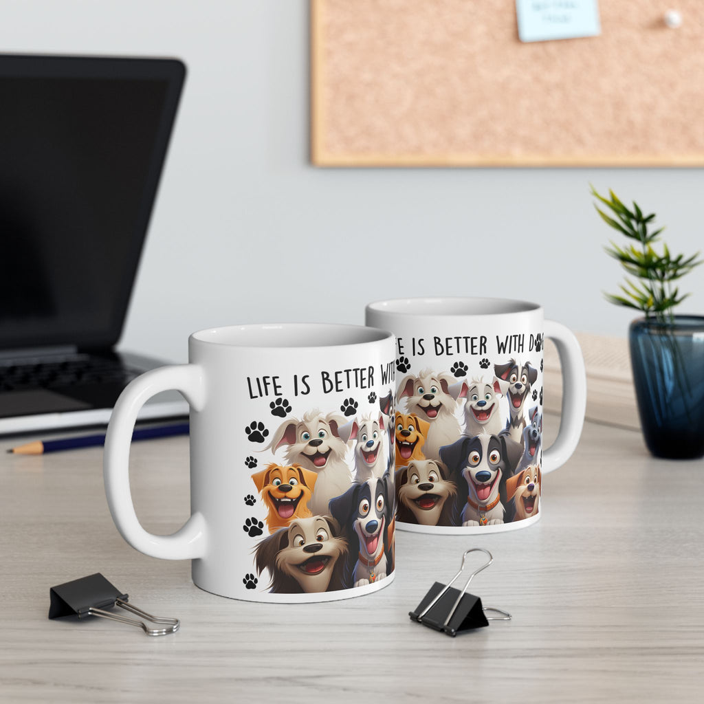 Happy Cartoon Dogs Life Is Better With Dogs Mug | Ceramic Coffee Cup