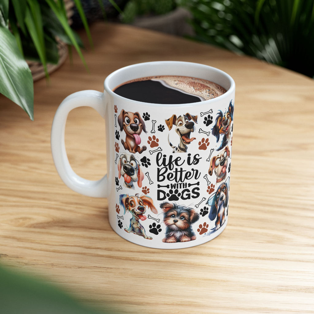 Cute Cartoon Puppies Ceramic Mug | Dog Paws Bones Pattern