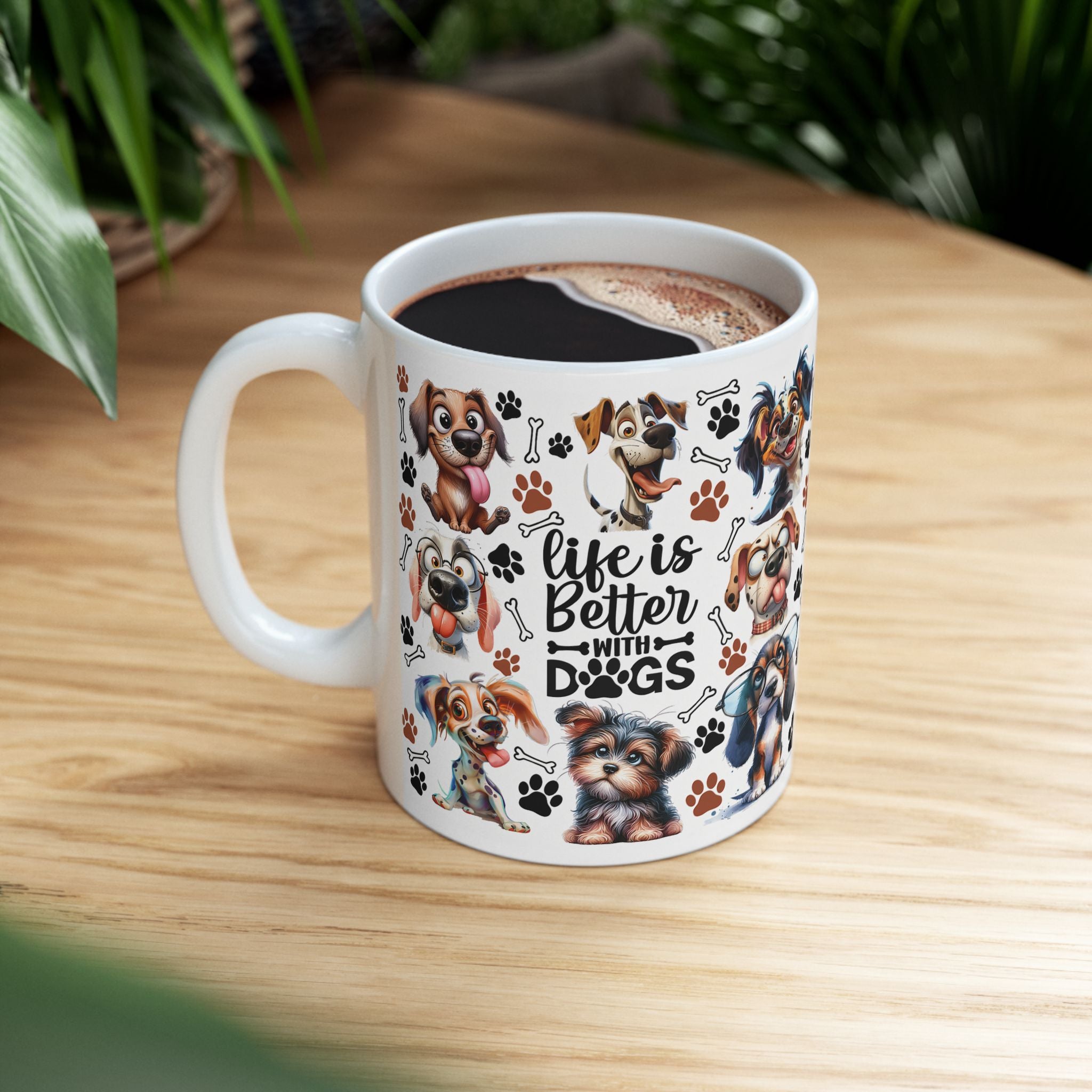 Cute Cartoon Puppies Ceramic Mug | Dog Paws Bones Pattern