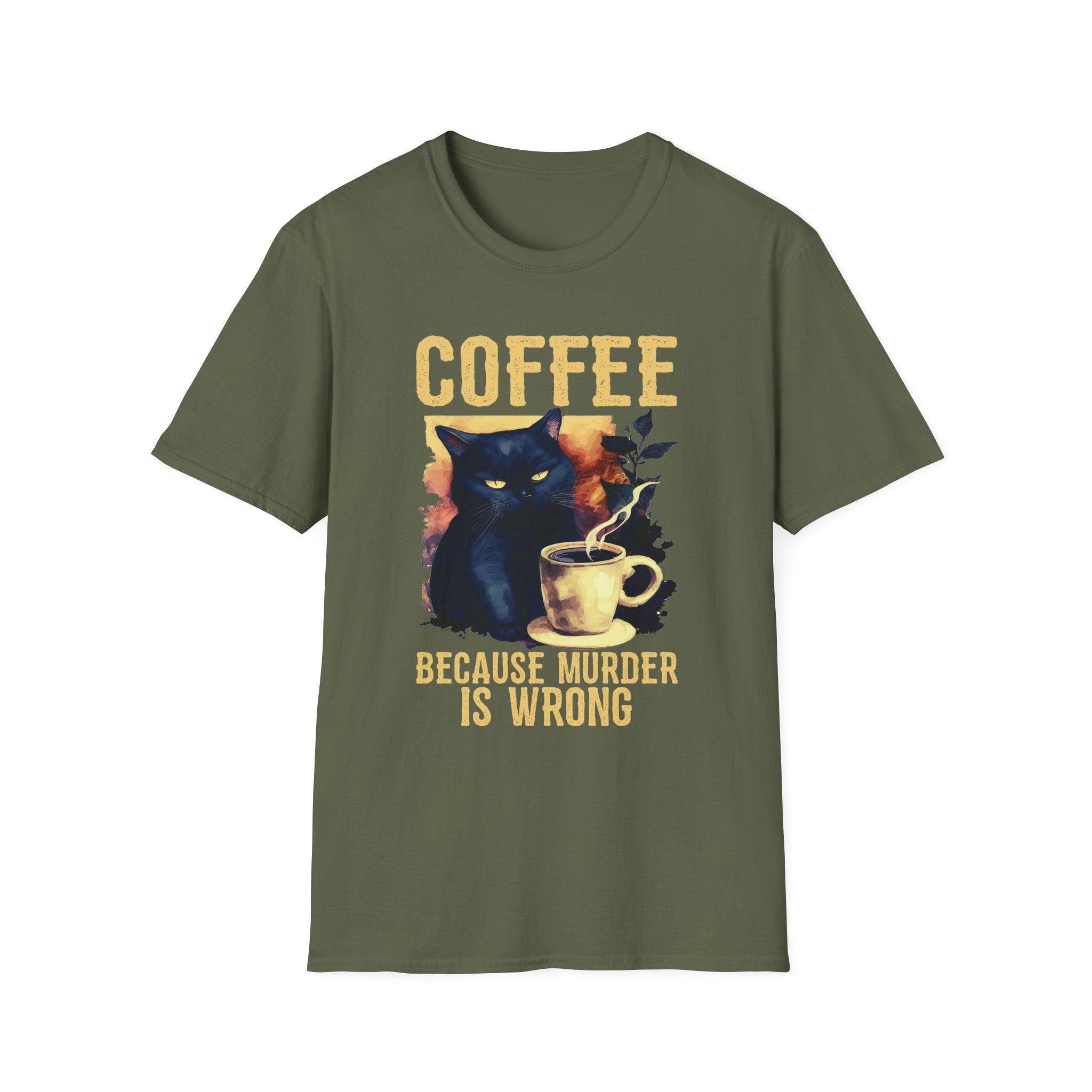 Coffee Because Murder Is Wrong T-Shirt | Black Cat Coffee Tee