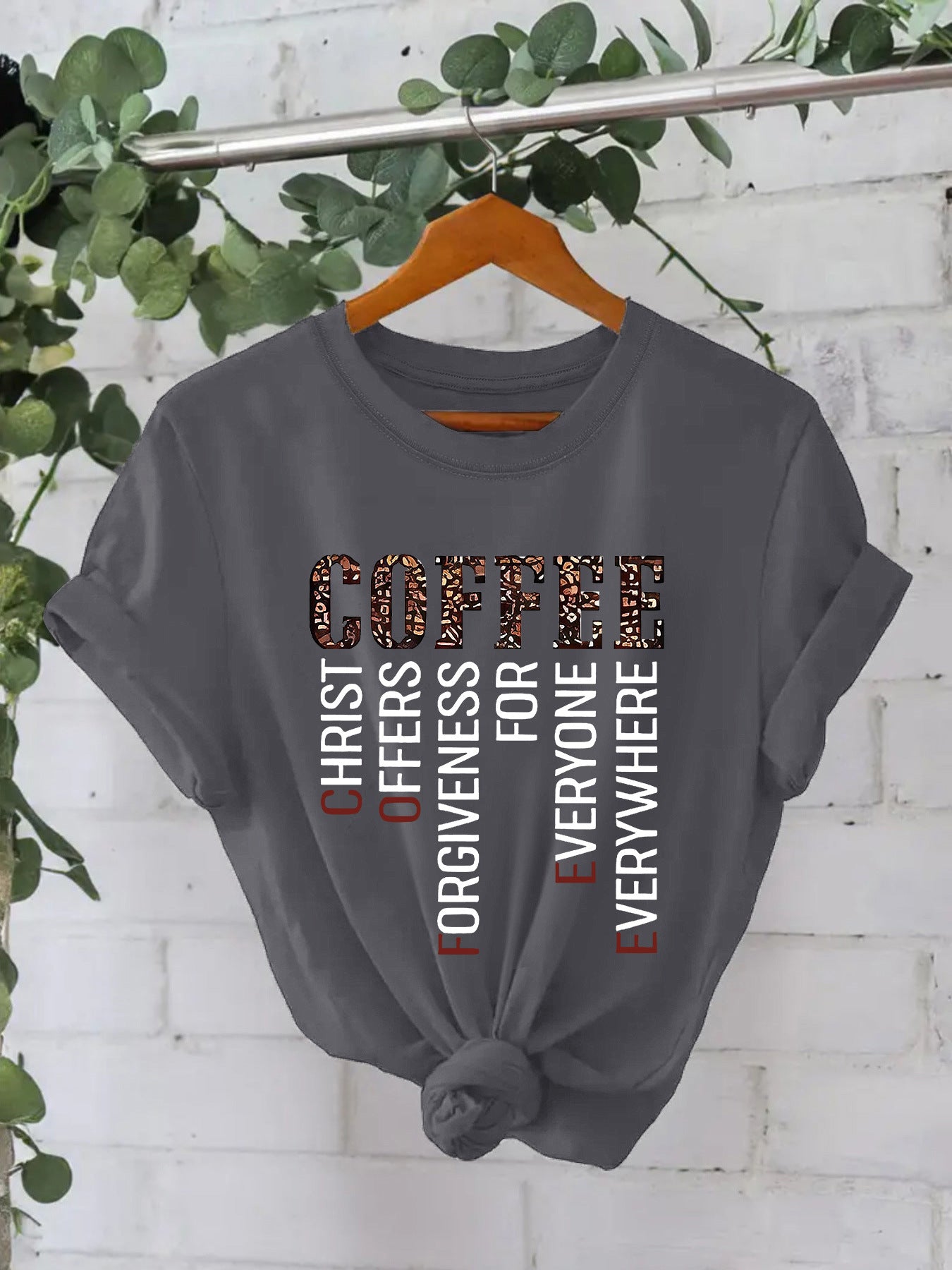 COFFEE printed pure cotton round neck loose short sleeved shirt