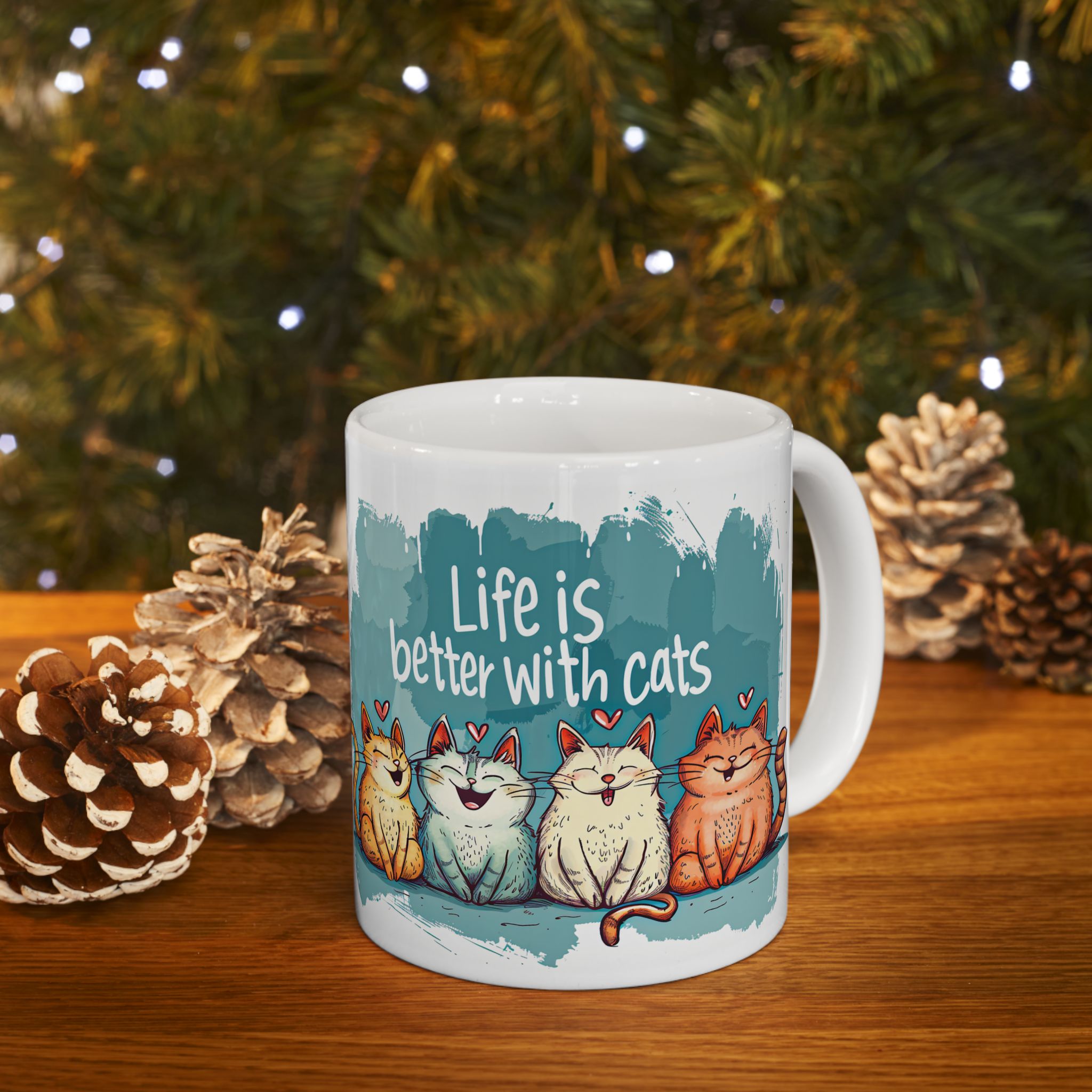 Life Is Better With Cats Mug | Cute Trio Cat Illustration Ceramic Mug